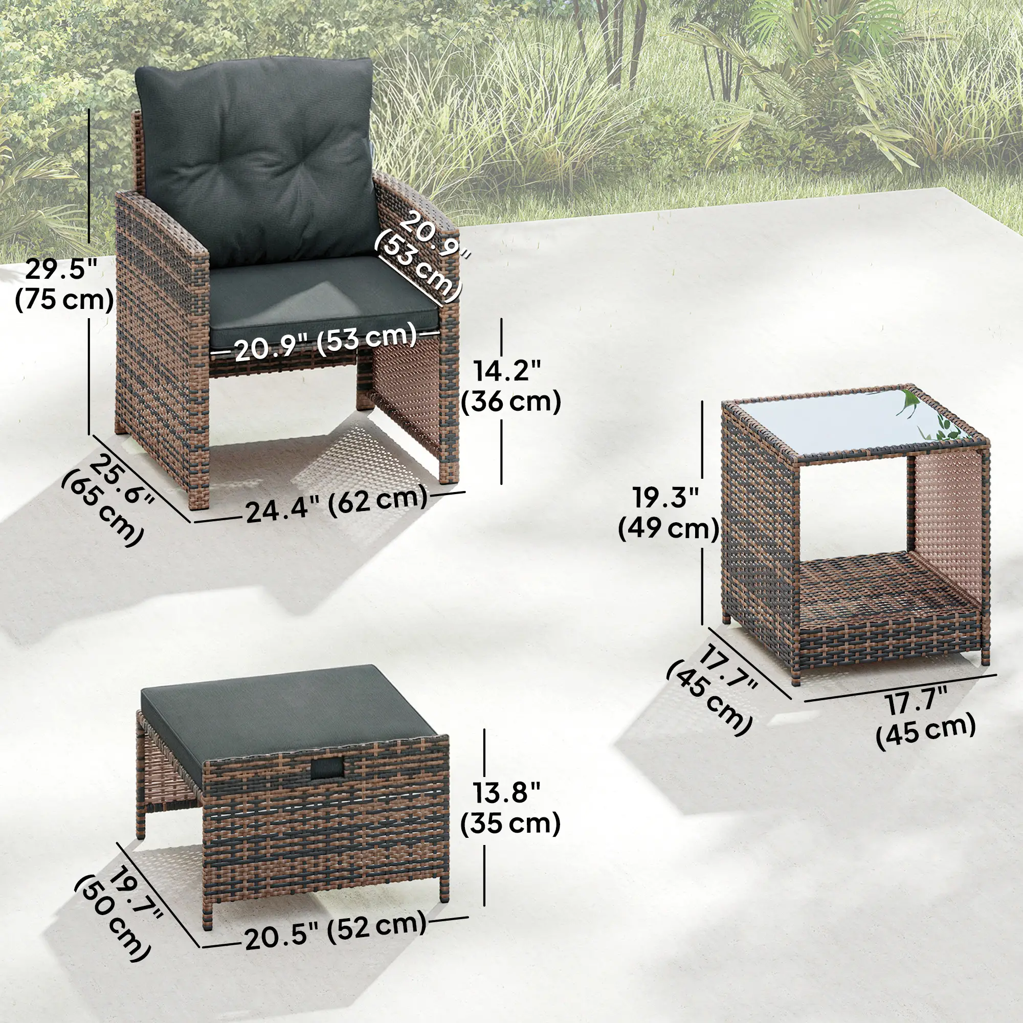 5 Piece Patio Furniture Set, Wicker Chairs, 2-Tier Glass Table, Brown/Dark Grey - Image 3