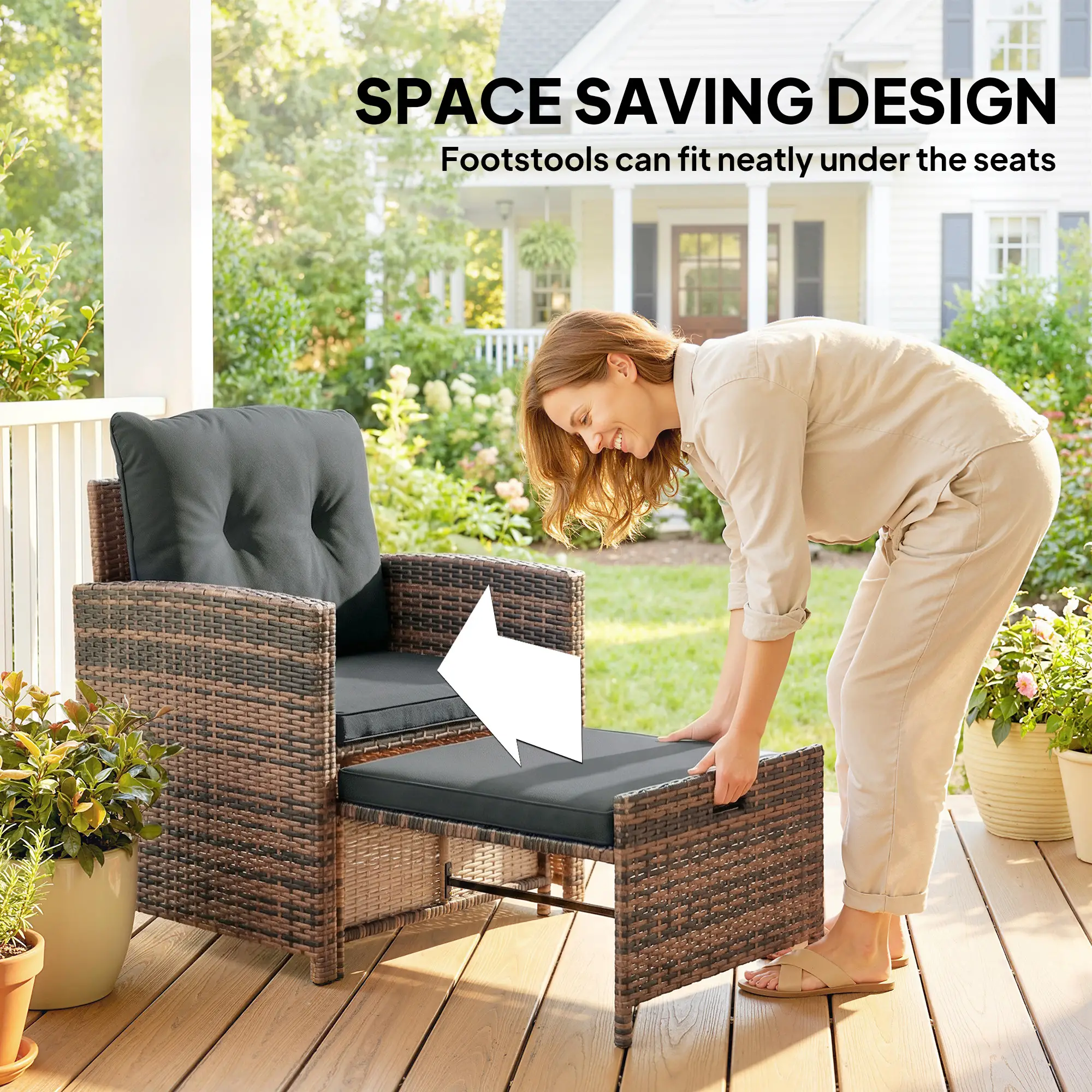 5 Piece Patio Furniture Set, Wicker Chairs, 2-Tier Glass Table, Brown/Dark Grey - Image 4