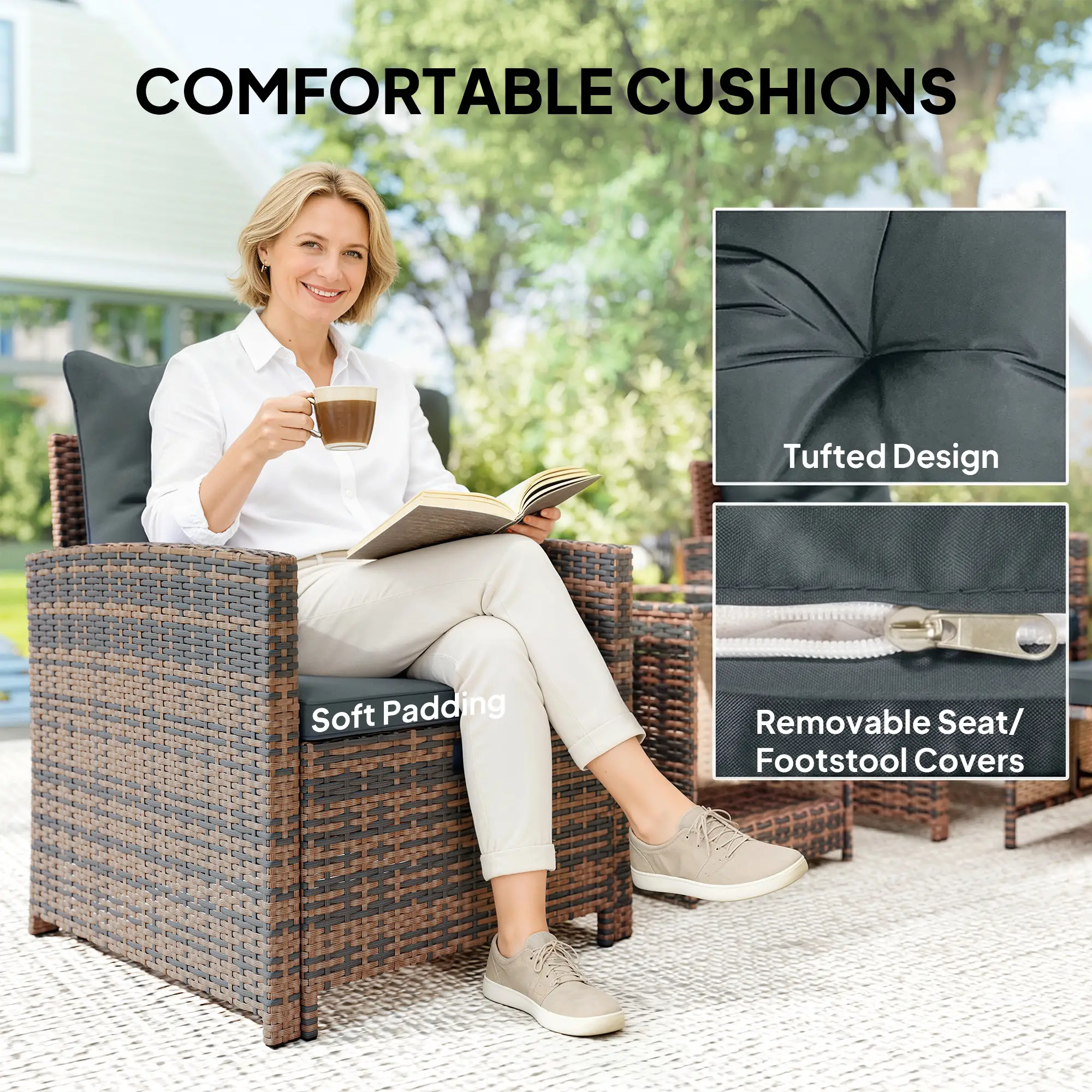5 Piece Patio Furniture Set, Wicker Chairs, 2-Tier Glass Table, Brown/Dark Grey - Image 7