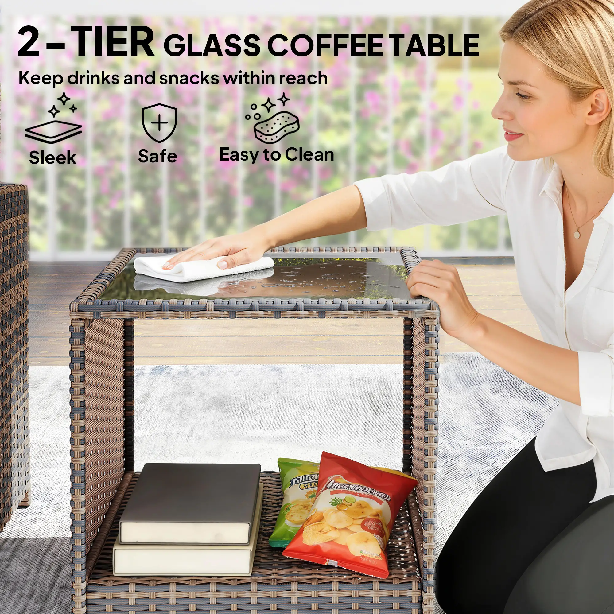 5 Piece Patio Furniture Set, Wicker Chairs, 2-Tier Glass Table, Brown/Dark Grey - Image 9