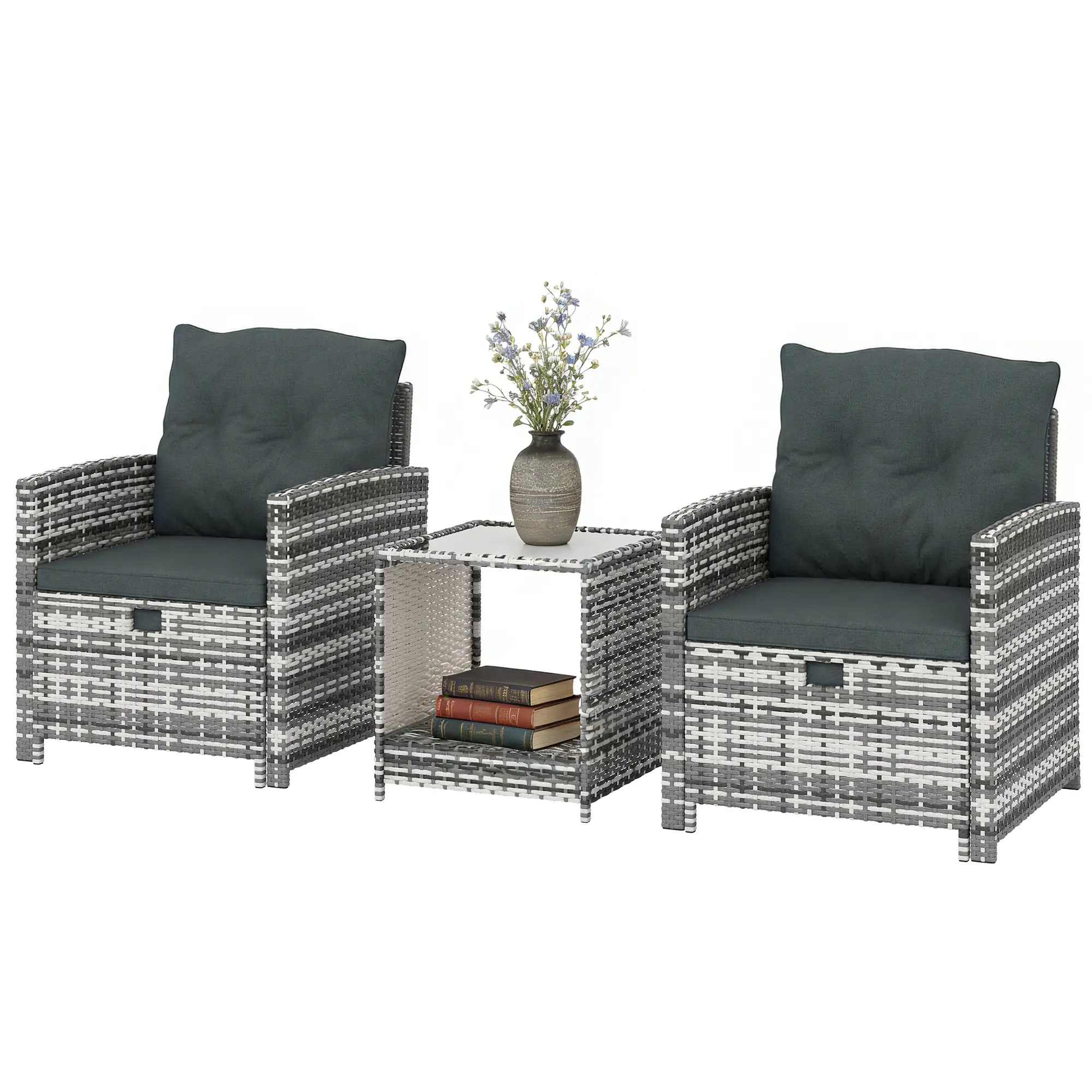 5 Piece Patio Furniture Set, Wicker Chairs, 2-Tier Glass Table, Grey/Dark Grey