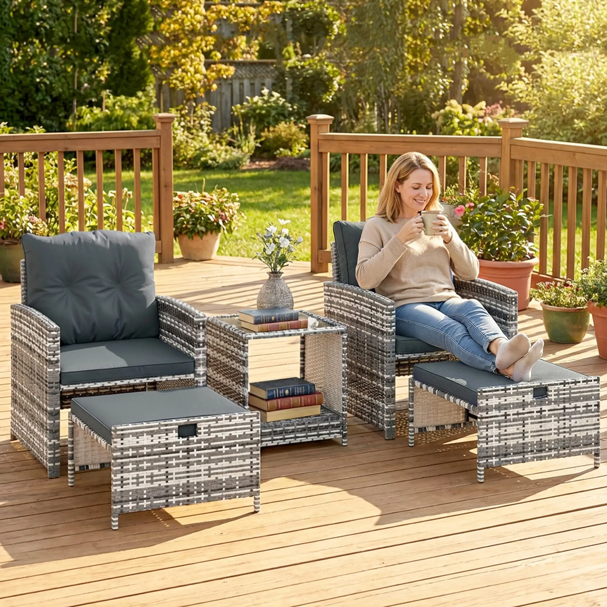 5 Piece Patio Furniture Set, Wicker Chairs, 2-Tier Glass Table, Grey/Dark Grey - Image 2