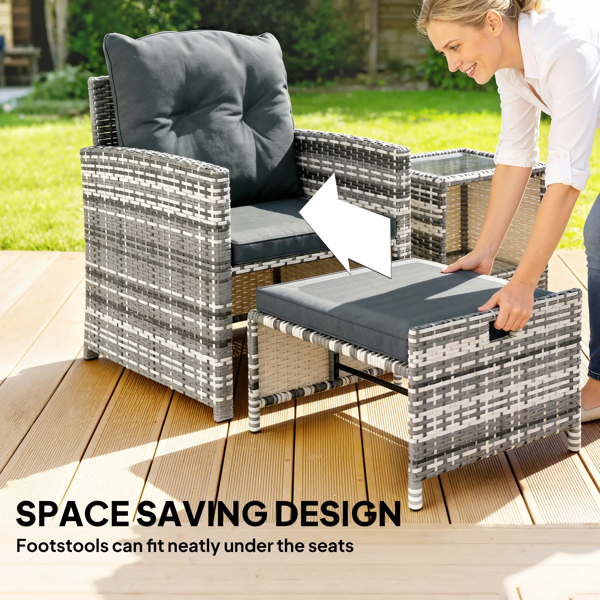 5 Piece Patio Furniture Set, Wicker Chairs, 2-Tier Glass Table, Grey/Dark Grey - Image 4
