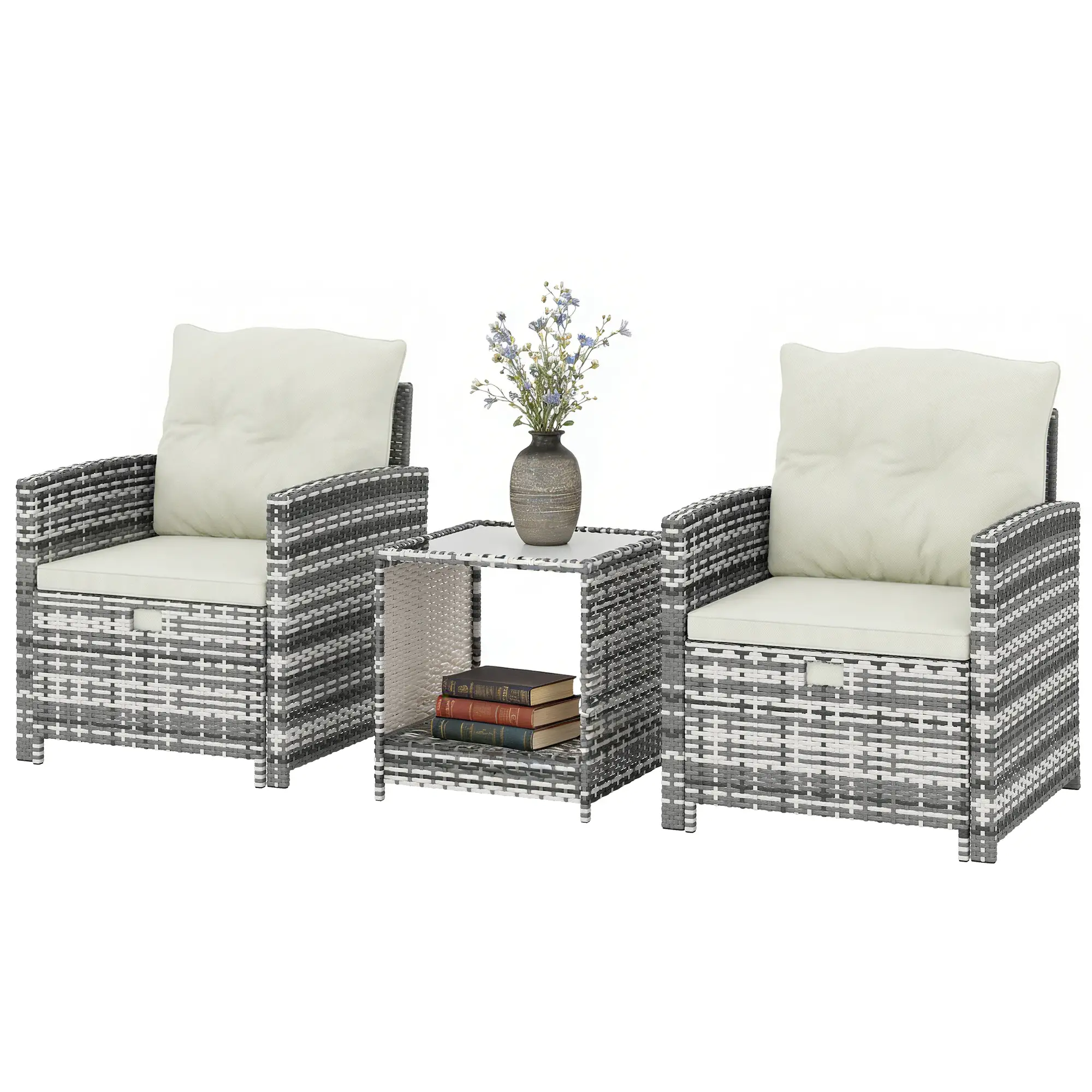 5 Piece Patio Furniture Set, Wicker Chairs With Ottomans, 2-Tier Glass Coffee Table, Grey/Cream White