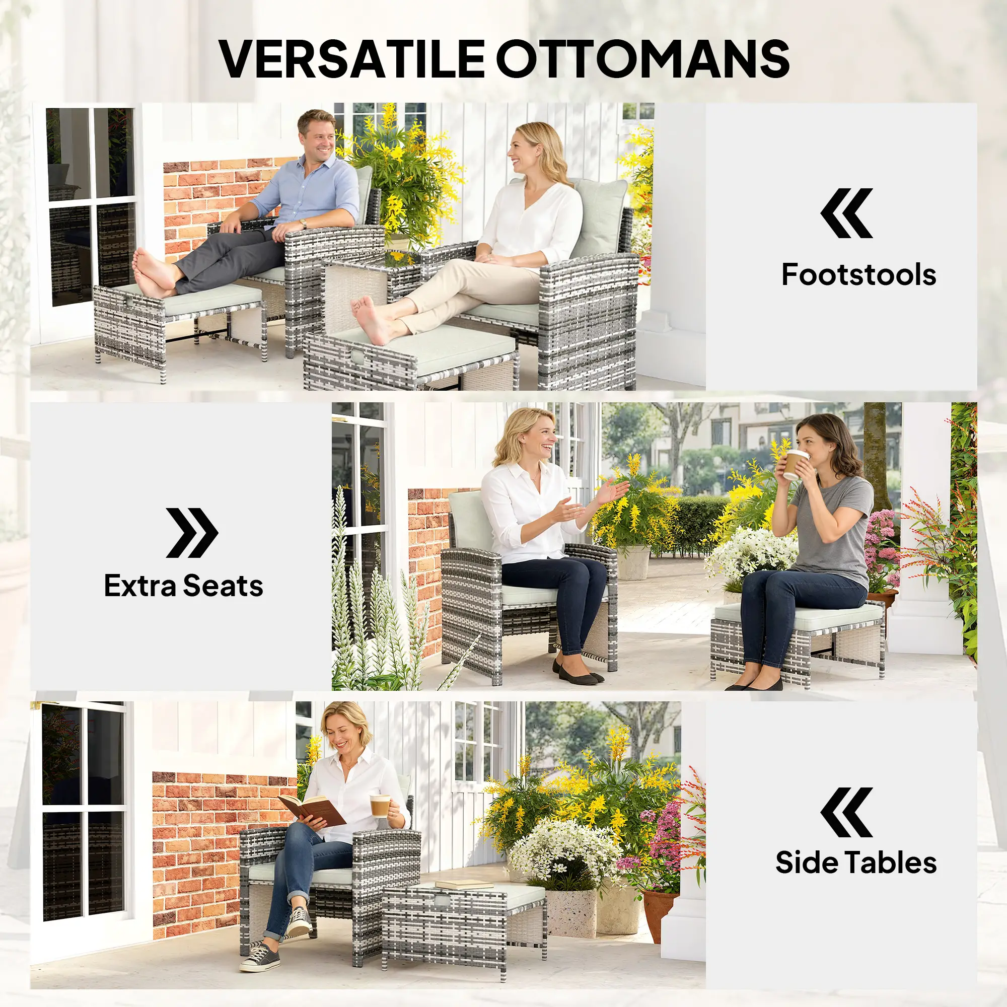 5 Piece Patio Furniture Set, Wicker Chairs With Ottomans, 2-Tier Glass Coffee Table, Grey/Cream White - Image 5