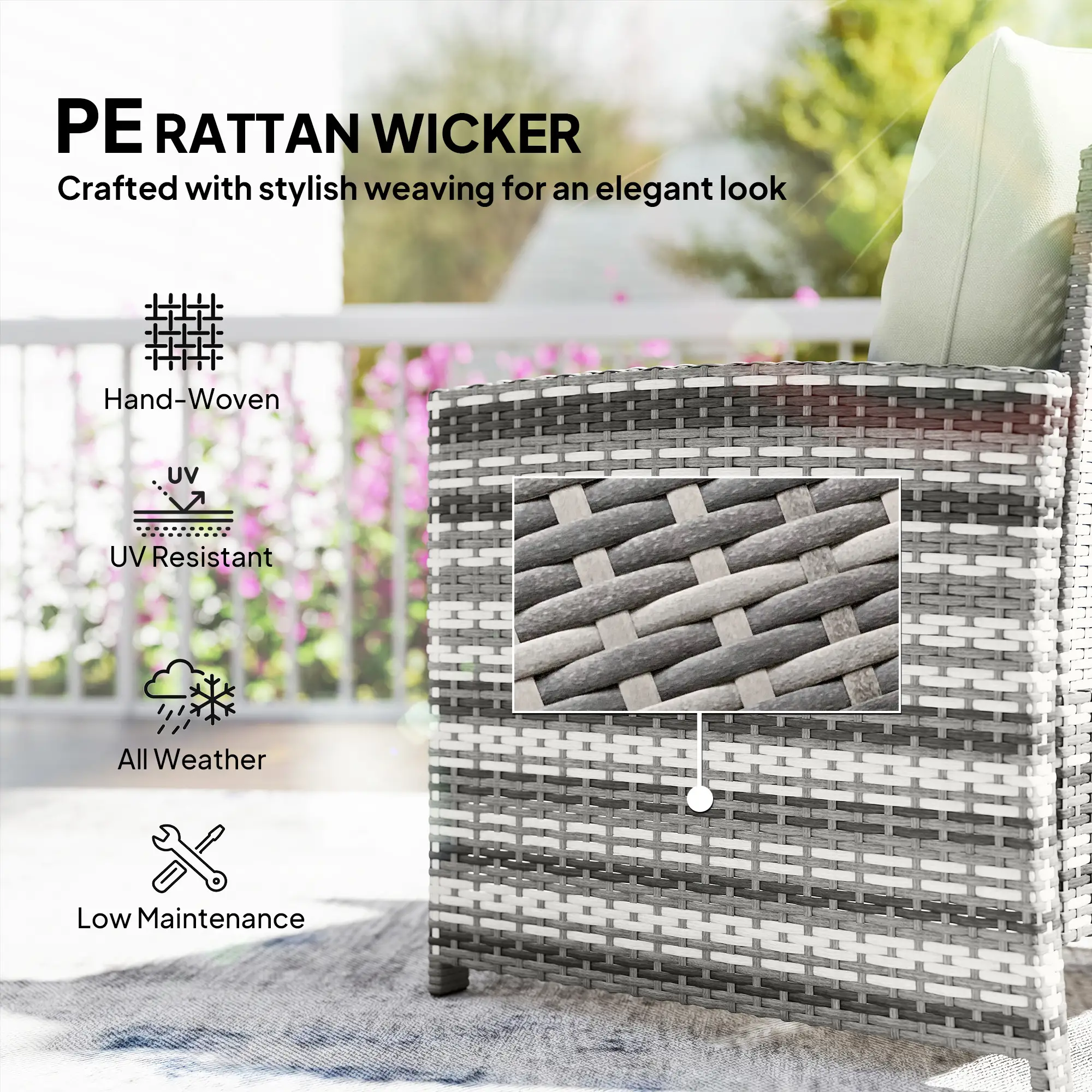 5 Piece Patio Furniture Set, Wicker Chairs With Ottomans, 2-Tier Glass Coffee Table, Grey/Cream White - Image 6