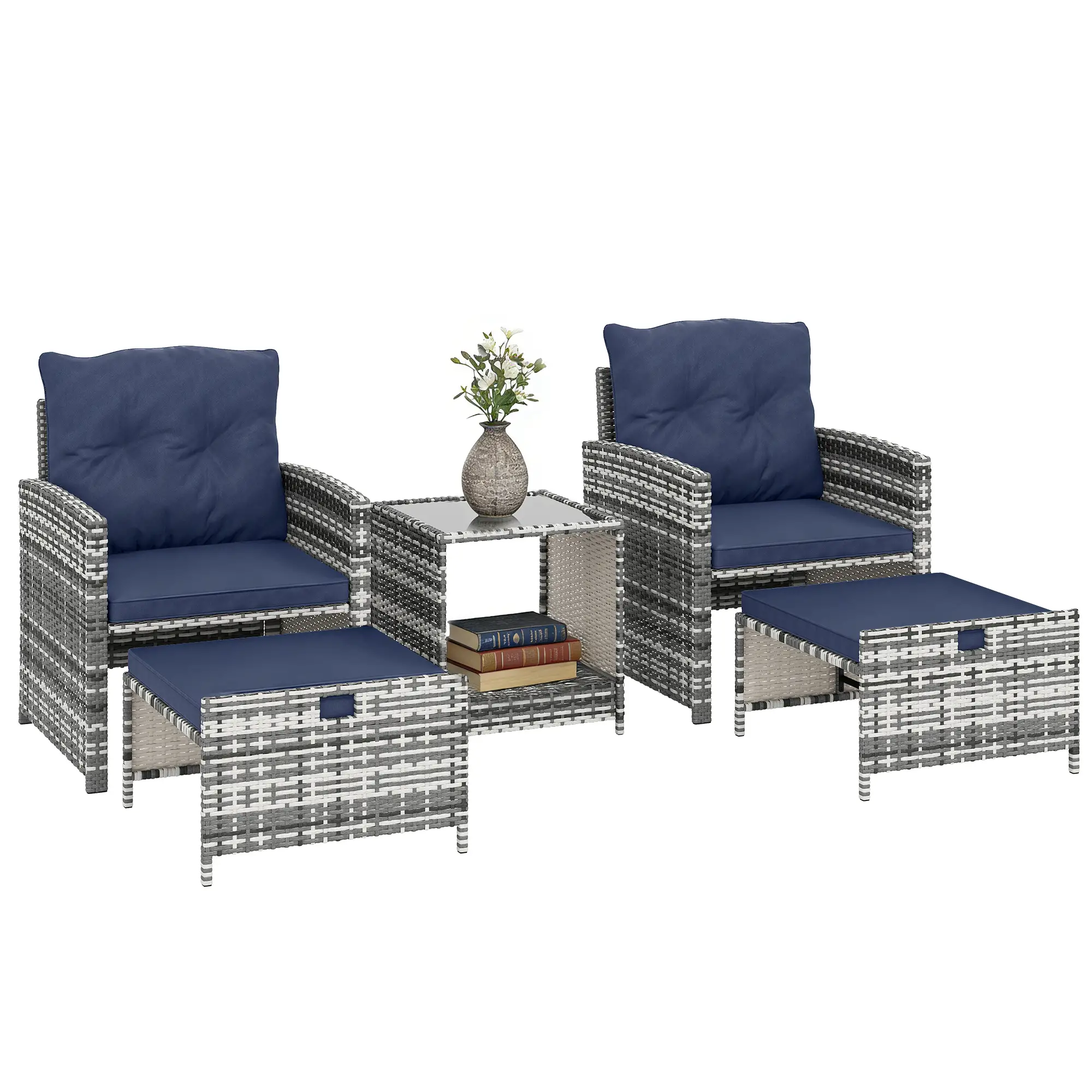 5 Piece Patio Furniture Set, Wicker Chairs With Ottomans, 2-Tier Glass Coffee Table, Grey/Dark Blue - Image 11