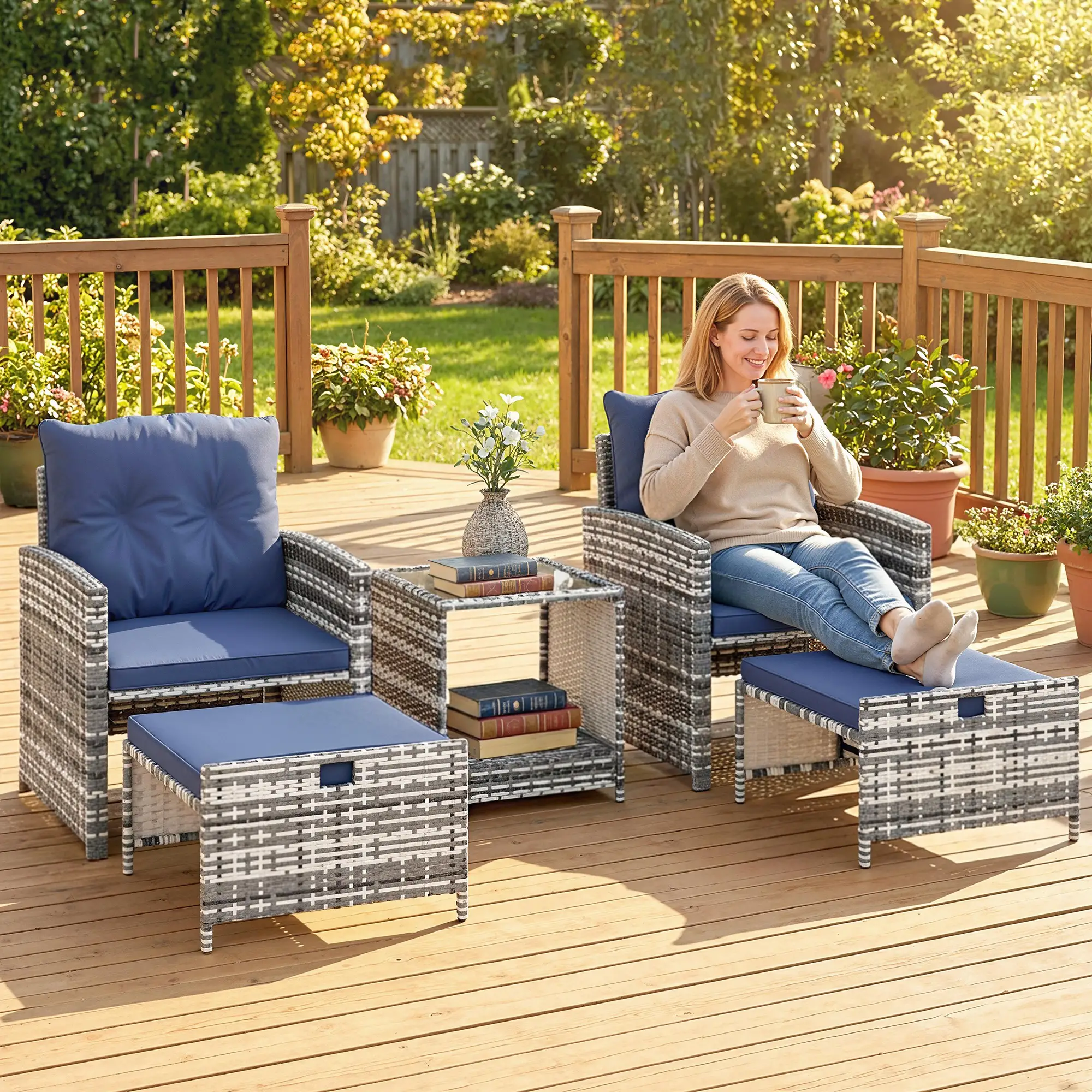 5 Piece Patio Furniture Set, Wicker Chairs With Ottomans, 2-Tier Glass Coffee Table, Grey/Dark Blue - Image 2