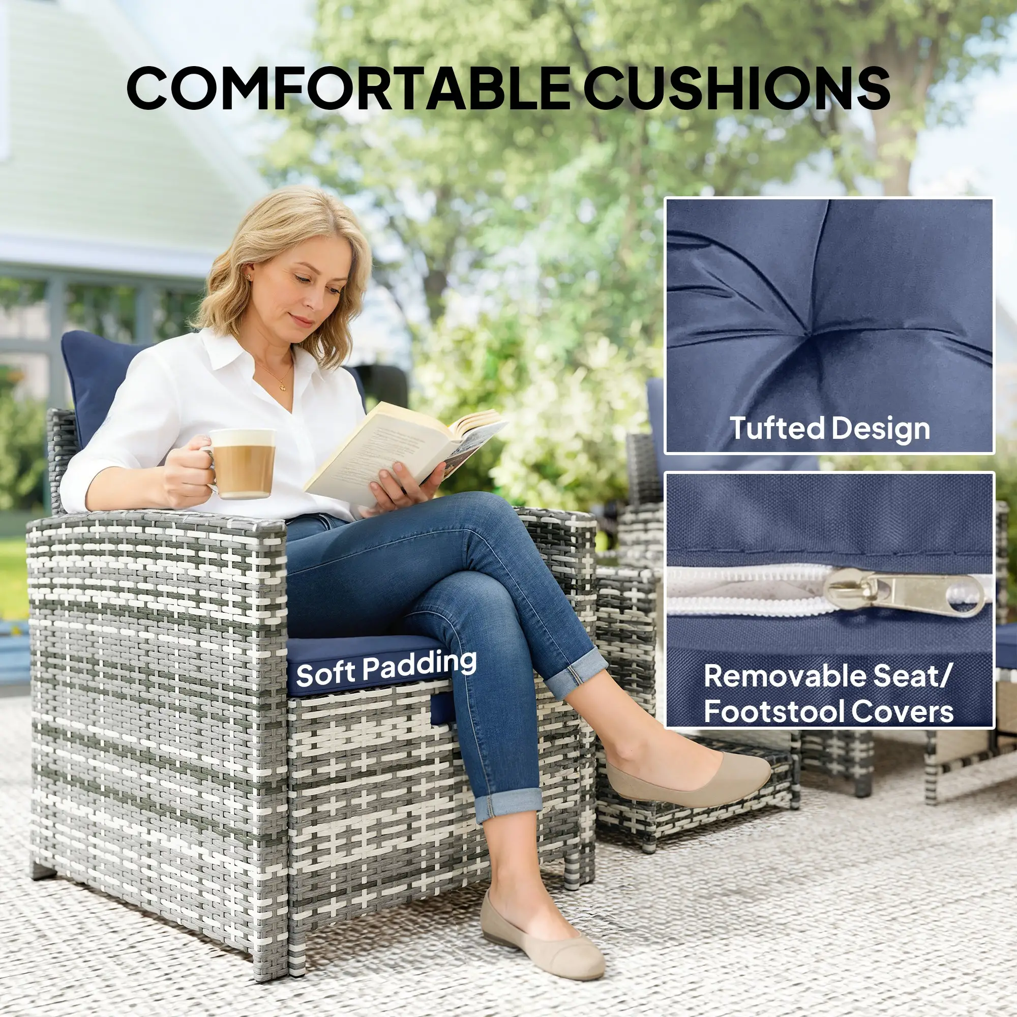 5 Piece Patio Furniture Set, Wicker Chairs With Ottomans, 2-Tier Glass Coffee Table, Grey/Dark Blue - Image 7