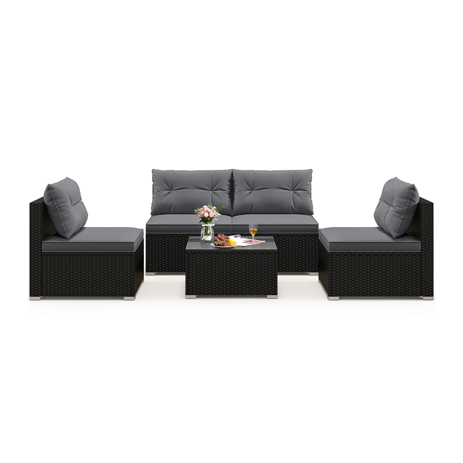 5-Piece Patio Furniture Set With Cushions, Coffee Table, Gray