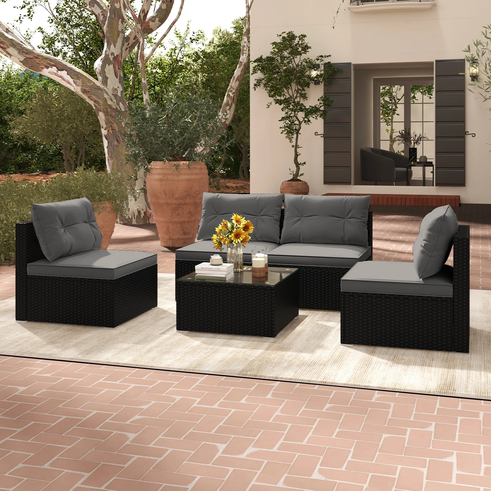 5-Piece Patio Furniture Set With Cushions, Coffee Table, Gray - Image 3