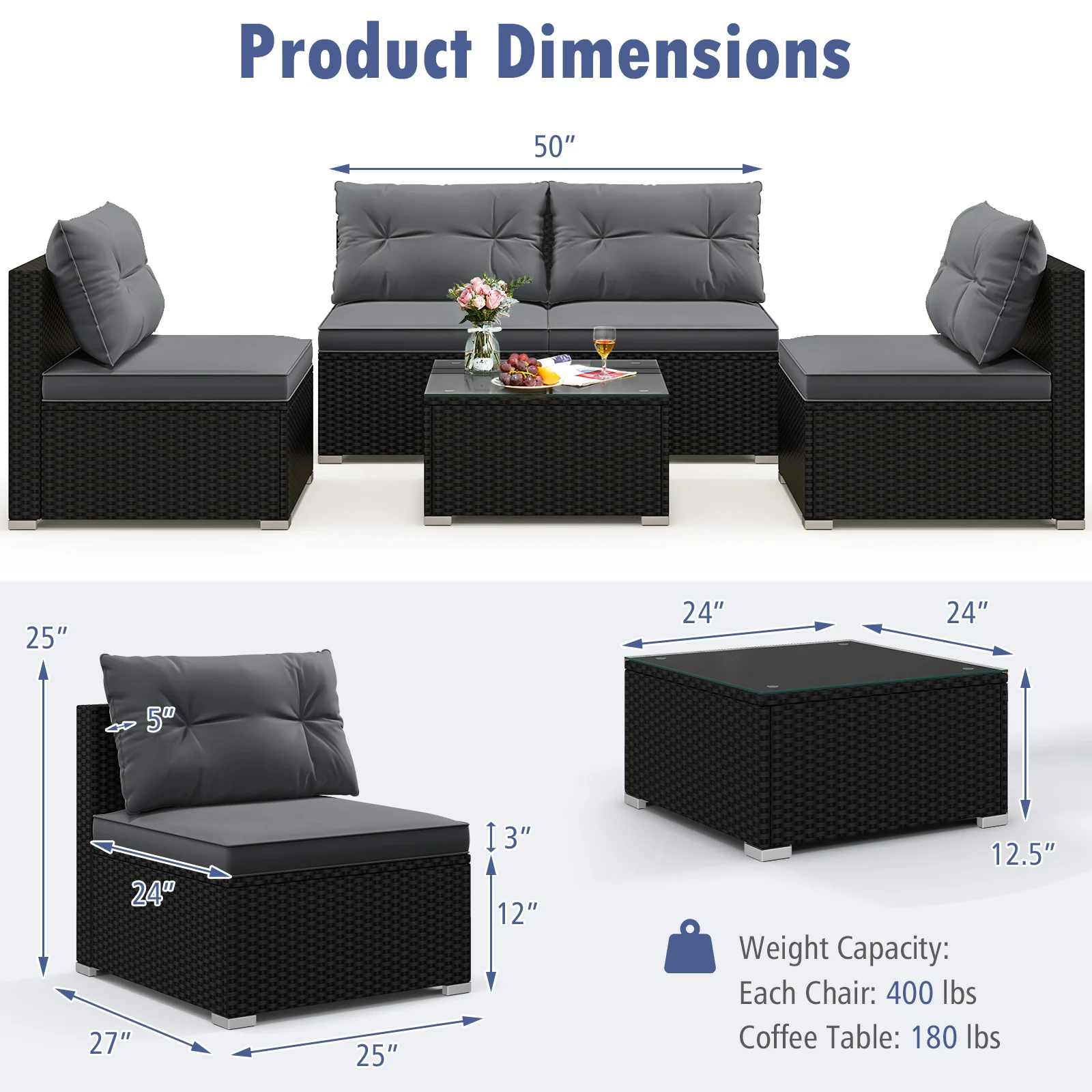 5-Piece Patio Furniture Set With Cushions, Coffee Table, Gray - Image 6