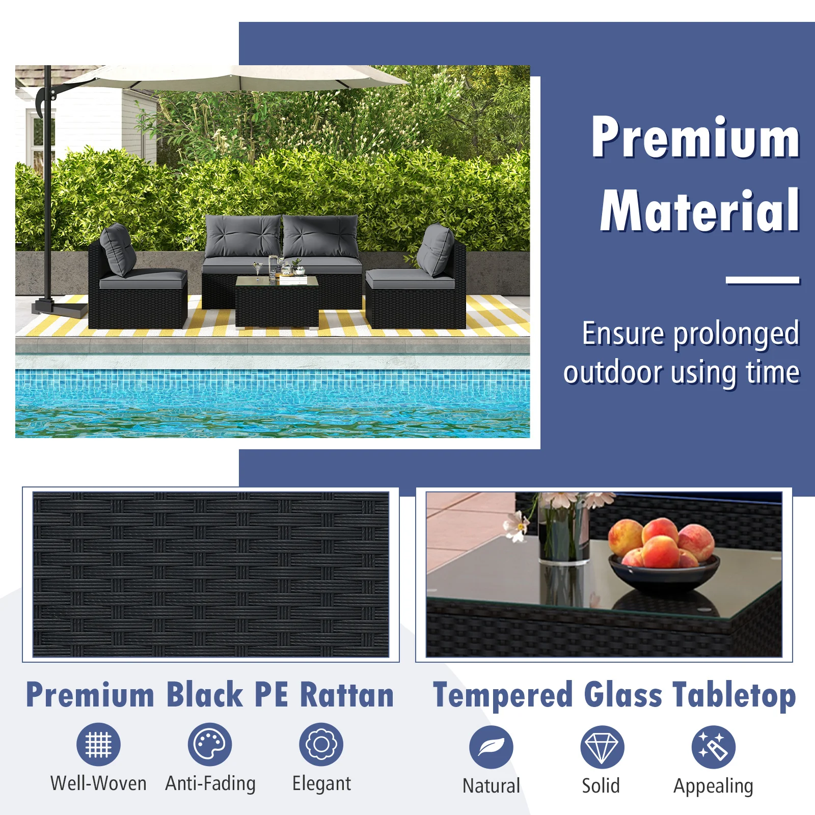 5-Piece Patio Furniture Set With Cushions, Coffee Table, Gray - Image 8