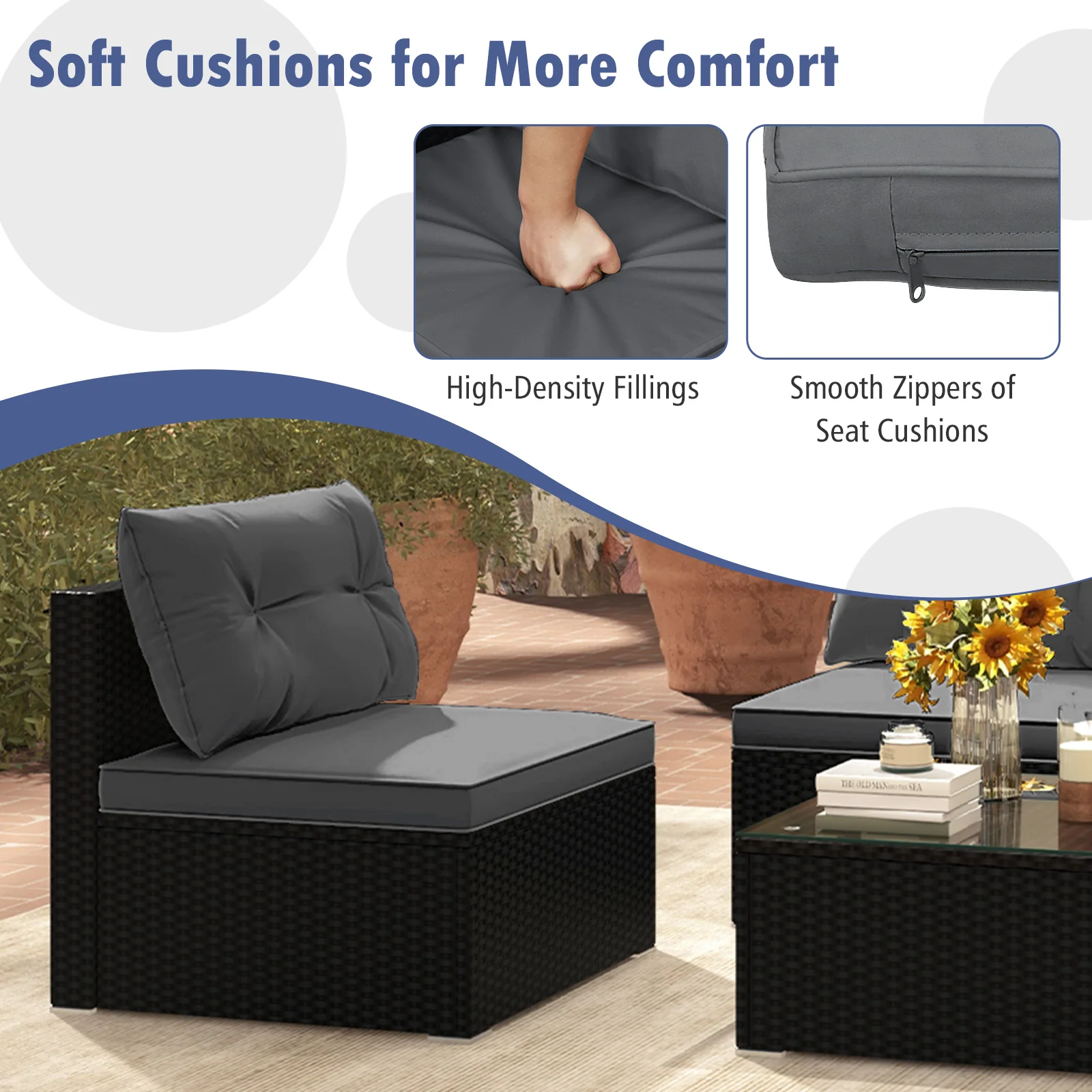 5-Piece Patio Furniture Set With Cushions, Coffee Table, Gray - Image 9