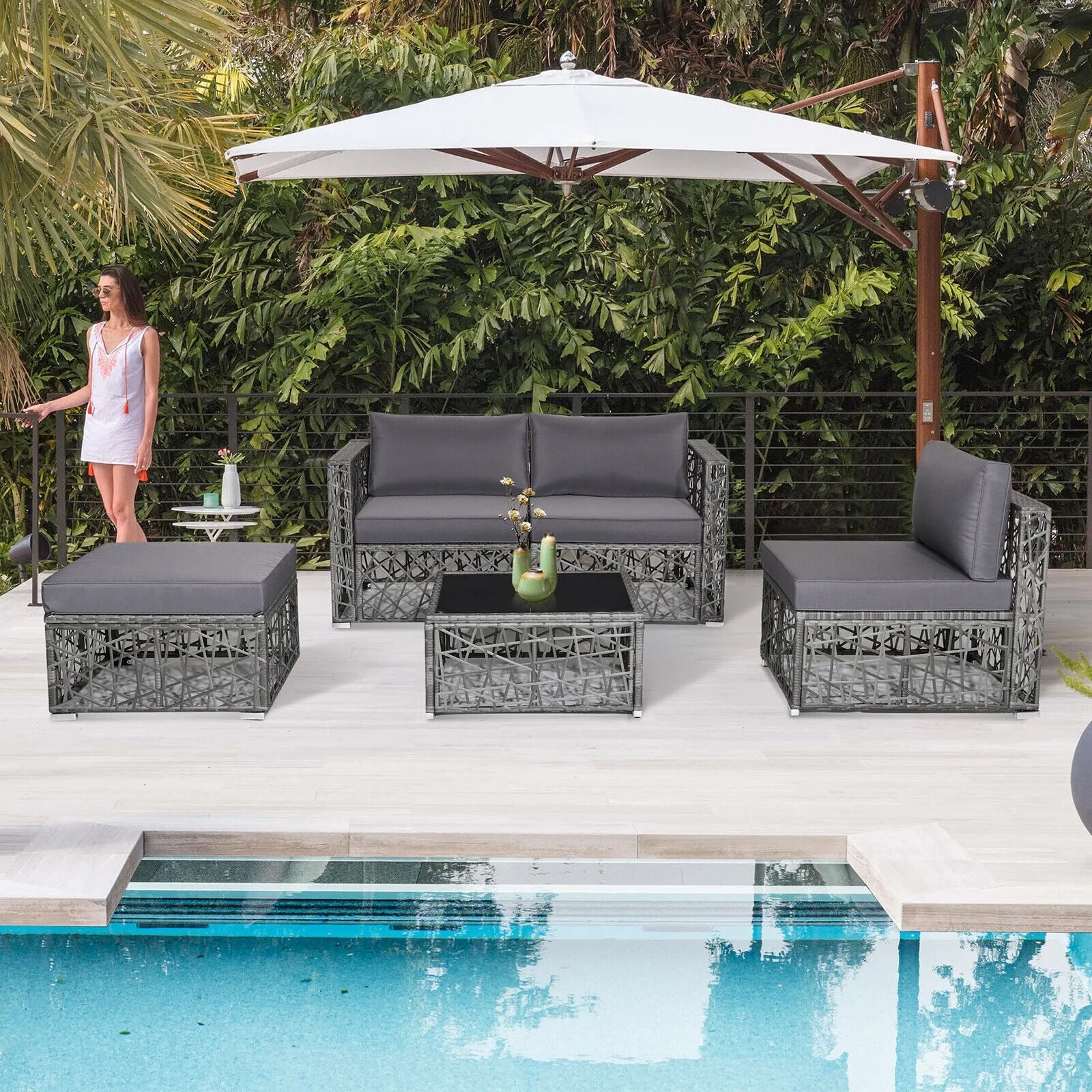 5 Piece Patio PE Rattan Wicker Sofa Set, Gray - Image 2