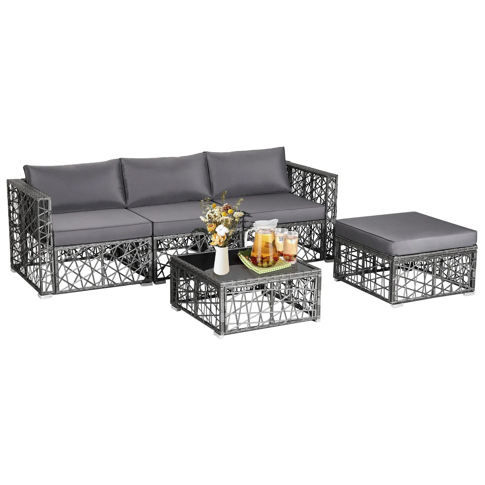 5 Piece Patio PE Rattan Wicker Sofa Set, Gray - Image 4