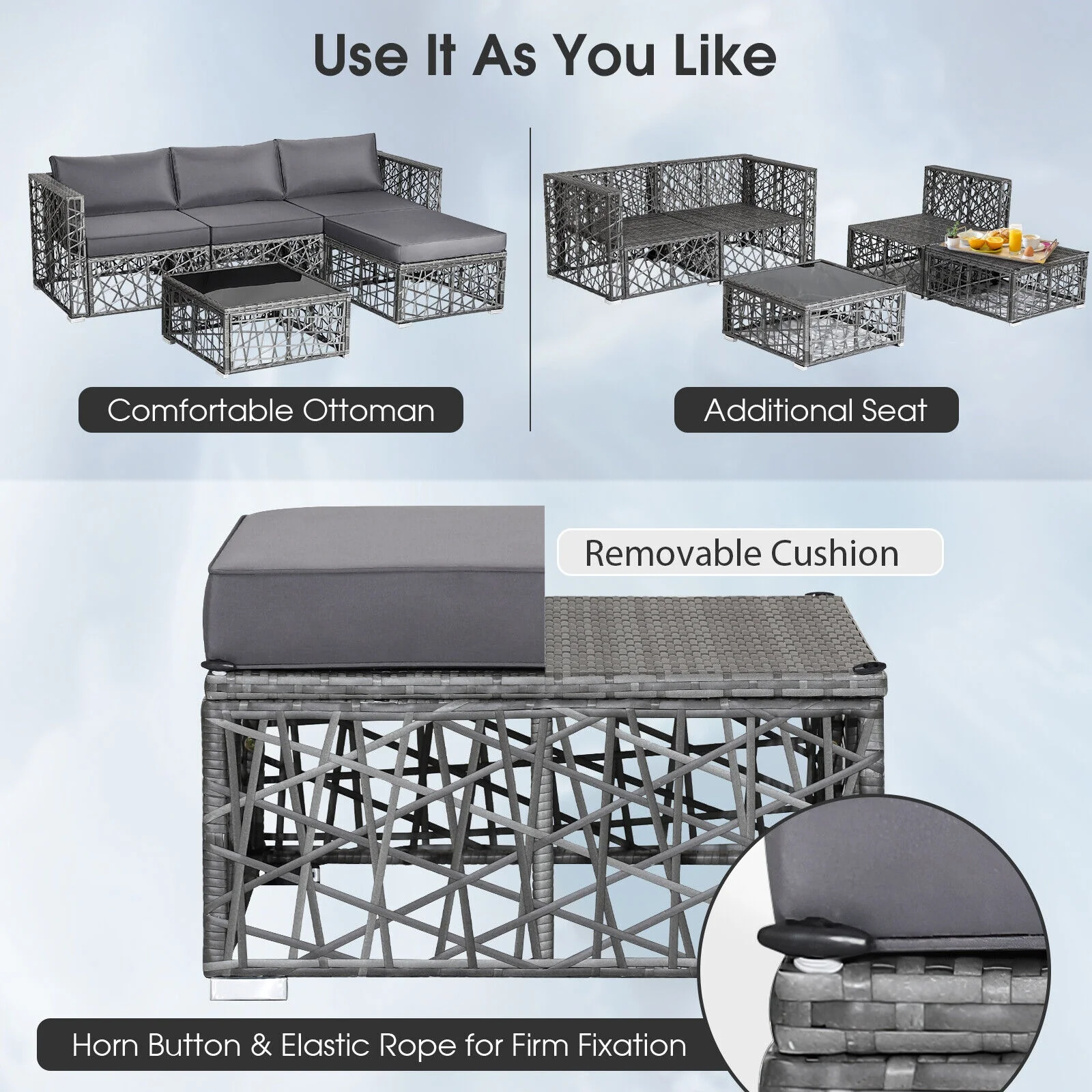 5 Piece Patio PE Rattan Wicker Sofa Set, Gray - Image 6