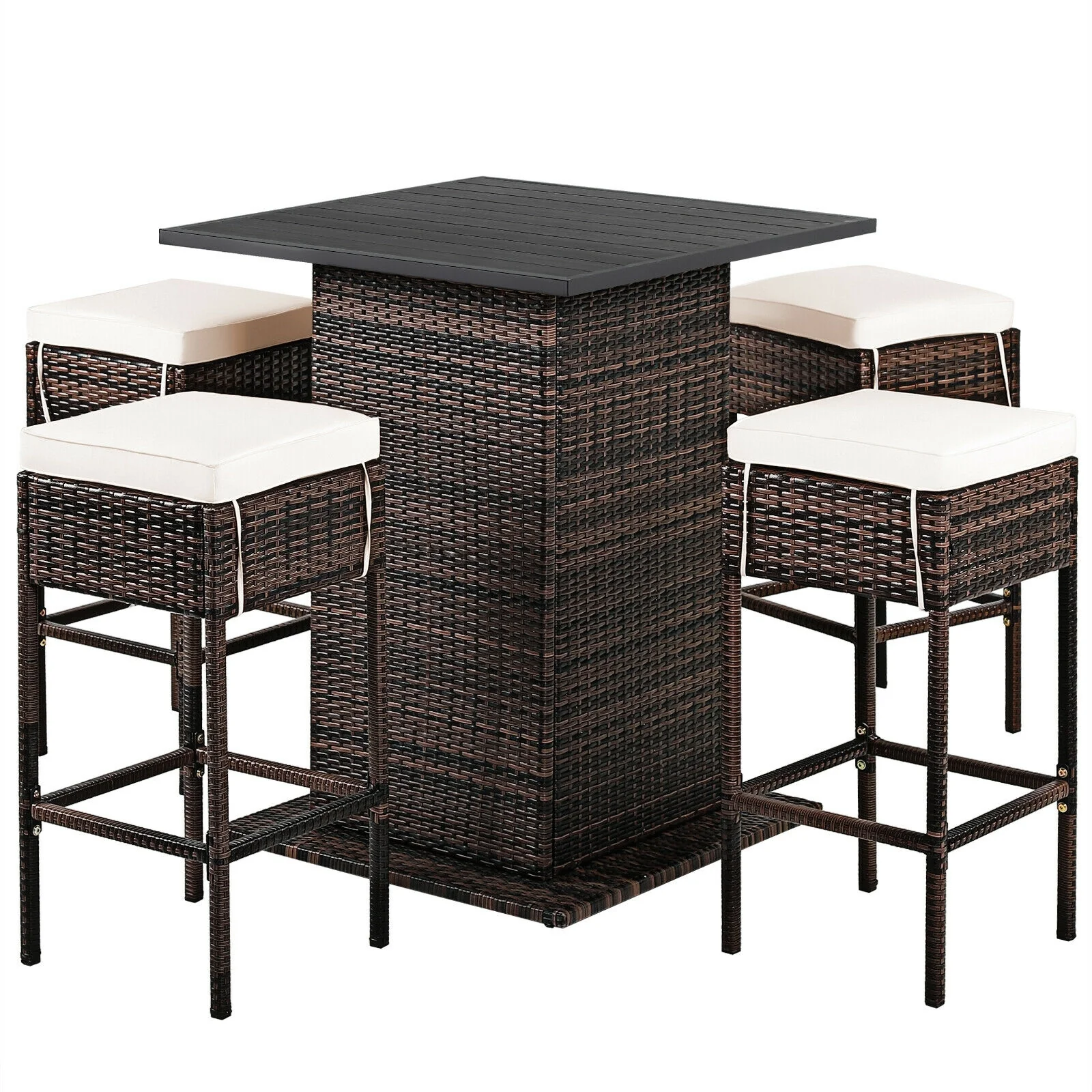 5 Piece Patio Rattan Bar Table Stool Set, Hidden Storage Shelf, White