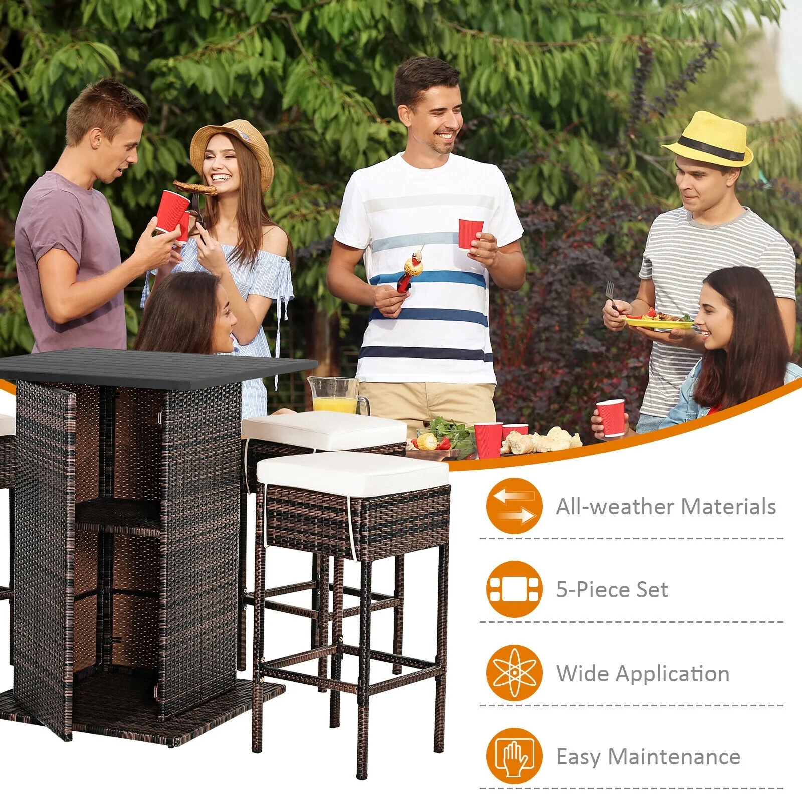 5 Piece Patio Rattan Bar Table Stool Set, Hidden Storage Shelf, White - Image 10