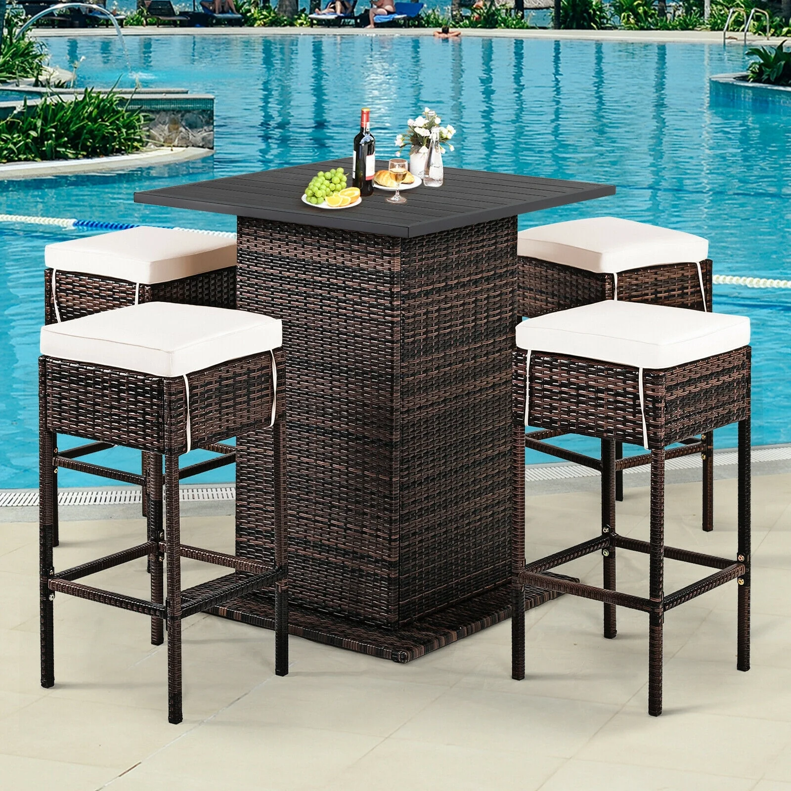 5 Piece Patio Rattan Bar Table Stool Set, Hidden Storage Shelf, White - Image 3