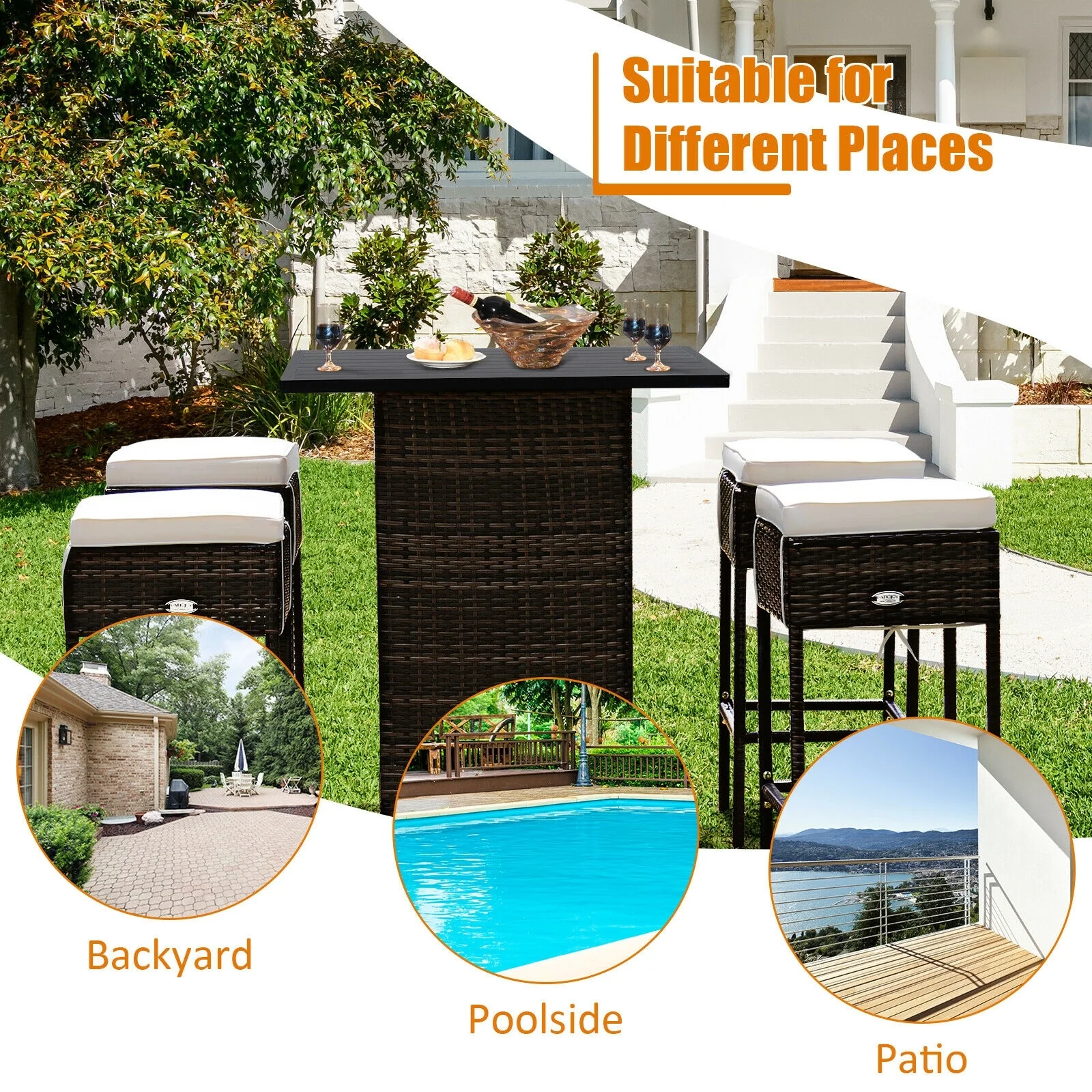 5 Piece Patio Rattan Bar Table Stool Set, Hidden Storage Shelf, White - Image 4