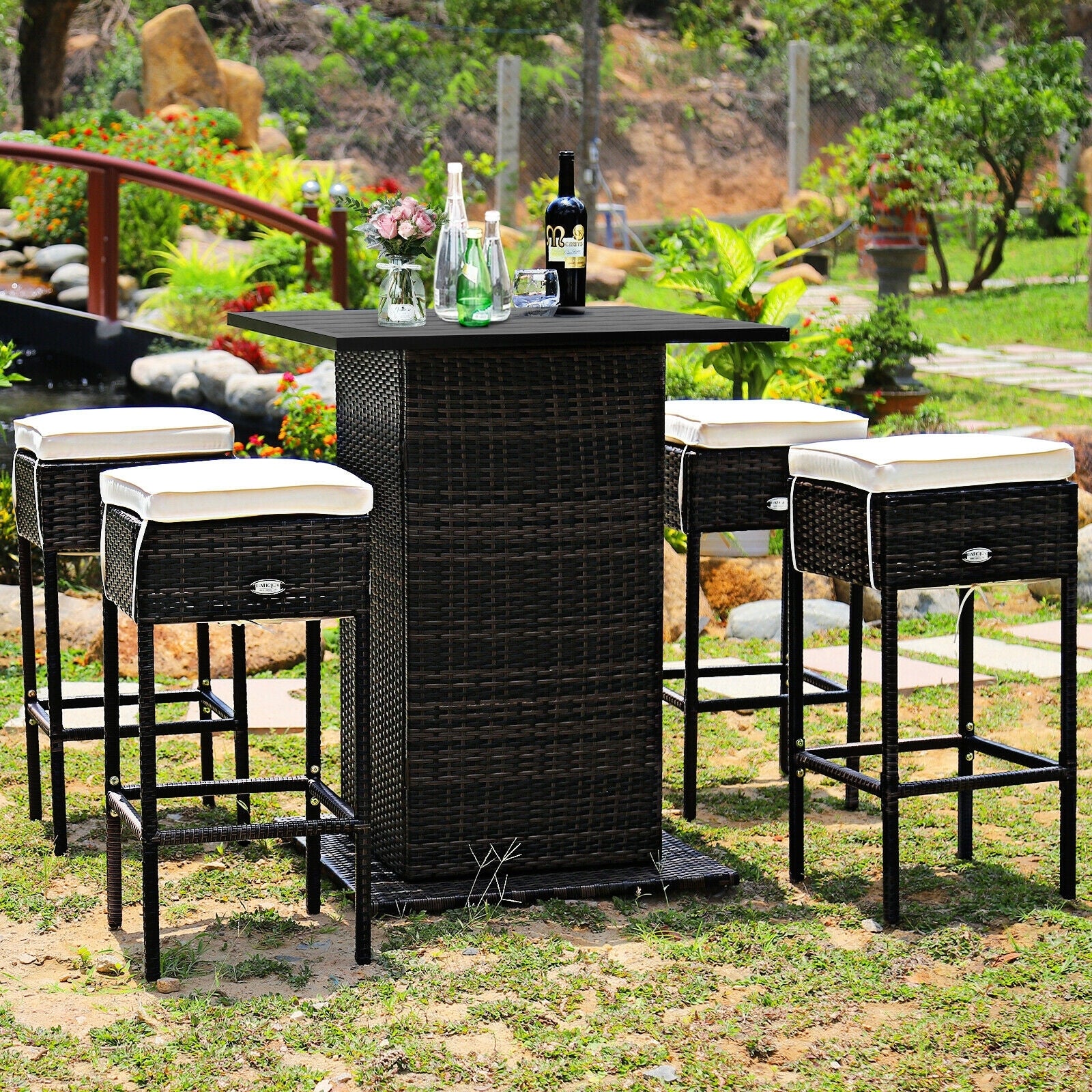 5 Piece Patio Rattan Bar Table Stool Set, Hidden Storage Shelf, White - Image 7