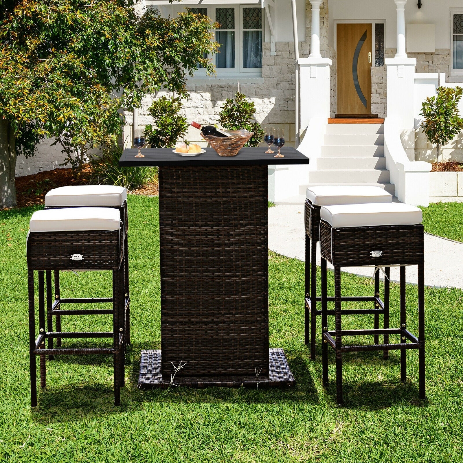 5 Piece Patio Rattan Bar Table Stool Set, Hidden Storage Shelf, White - Image 8