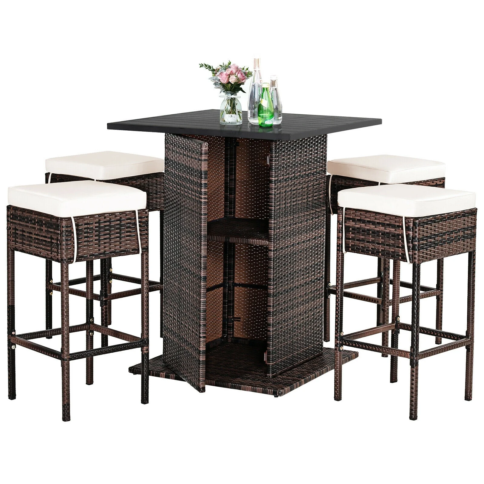 5 Piece Patio Rattan Bar Table Stool Set, Hidden Storage Shelf, White - Image 9