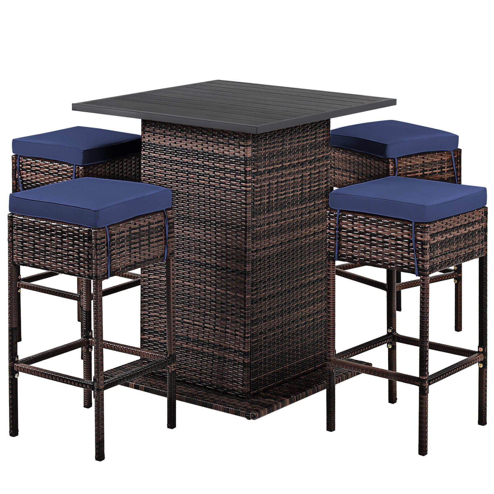 5 Piece Patio Rattan Bar Table Stool Set, Navy