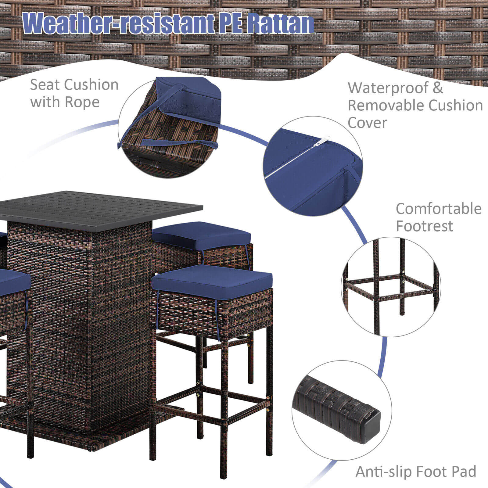 5 Piece Patio Rattan Bar Table Stool Set, Navy - Image 10
