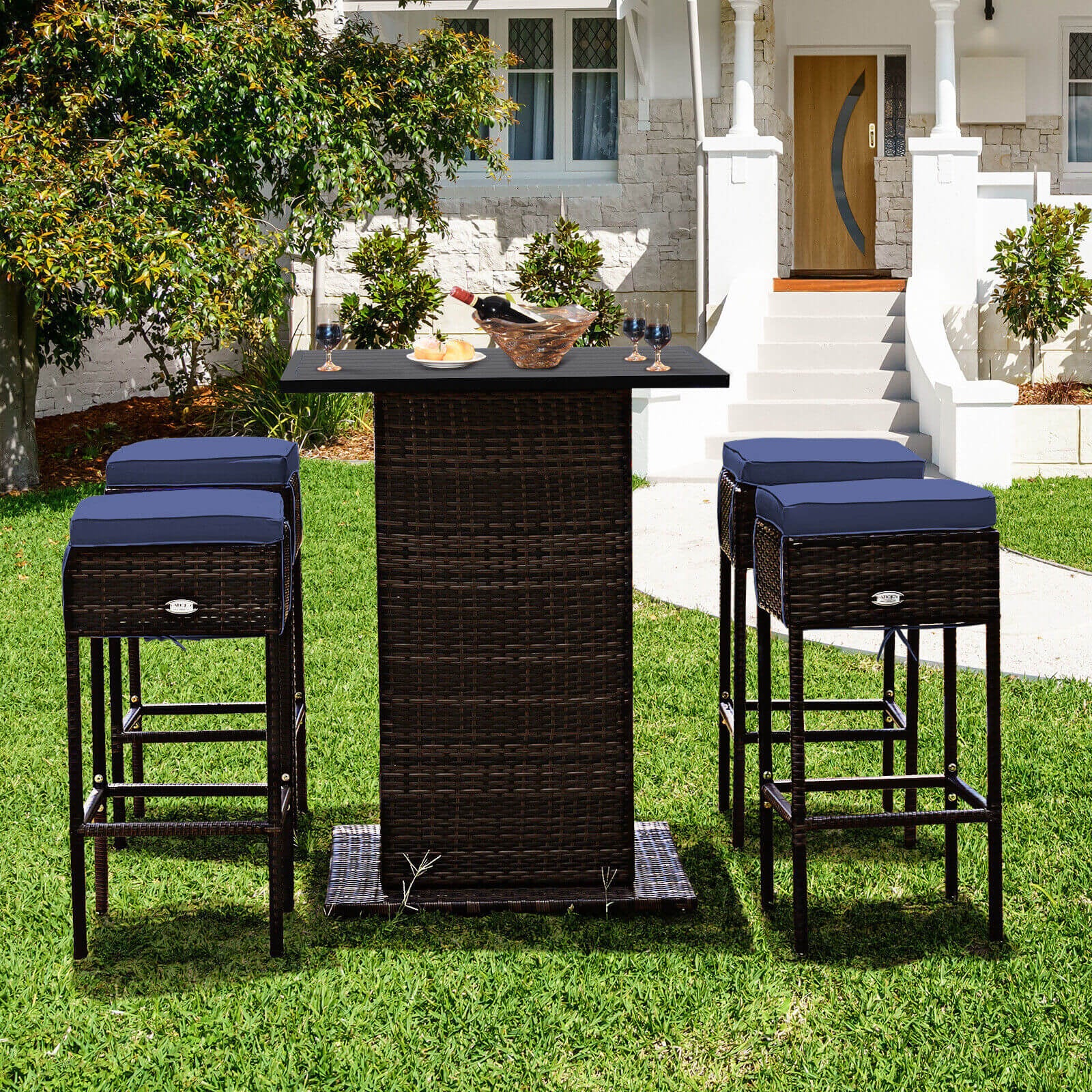 5 Piece Patio Rattan Bar Table Stool Set, Navy - Image 3
