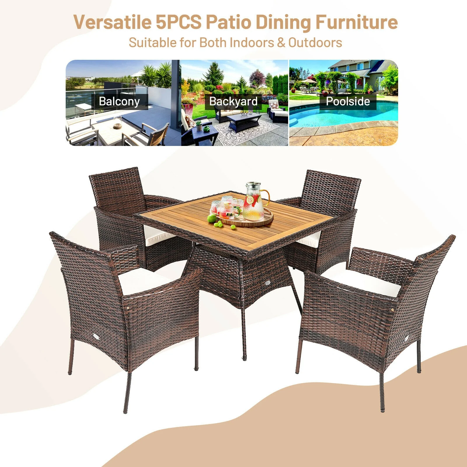 5 Piece Patio Rattan Dining Set, Arm Chair, Wooden Table Top, Brown - Image 10