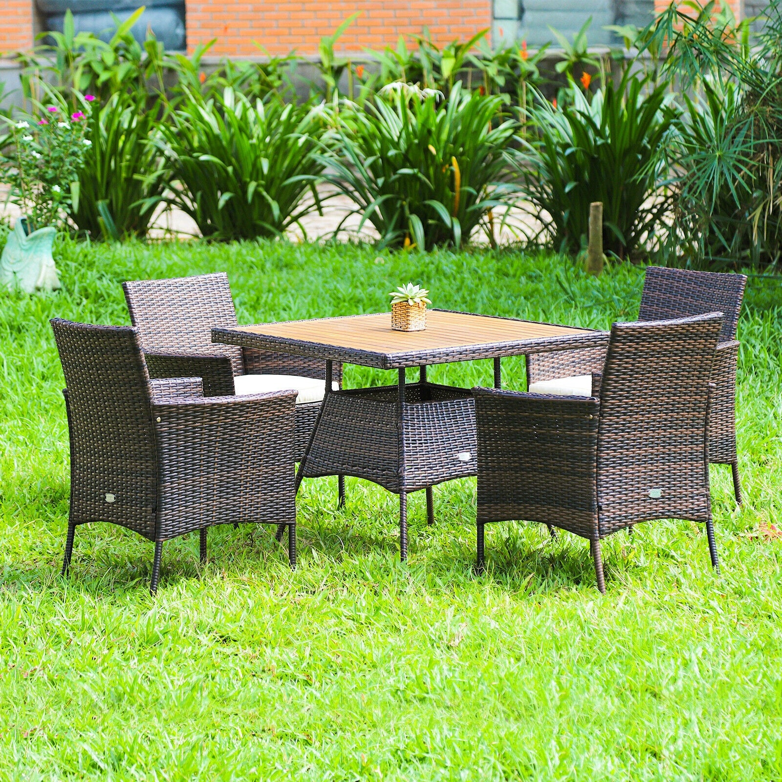 5 Piece Patio Rattan Dining Set, Arm Chair, Wooden Table Top, Brown - Image 2