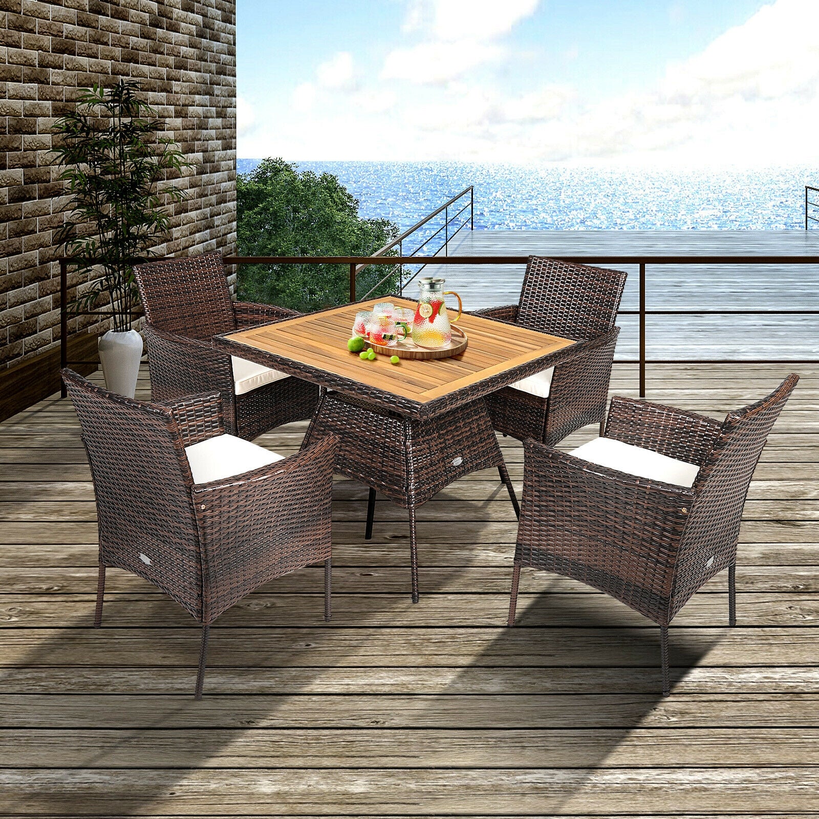 5 Piece Patio Rattan Dining Set, Arm Chair, Wooden Table Top, Brown - Image 3