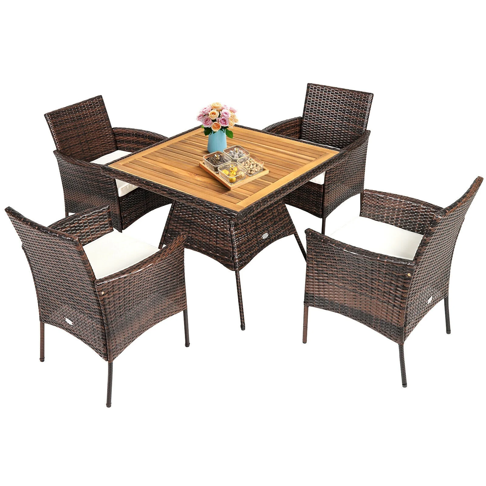 5 Piece Patio Rattan Dining Set, Arm Chair, Wooden Table Top, Brown - Image 5
