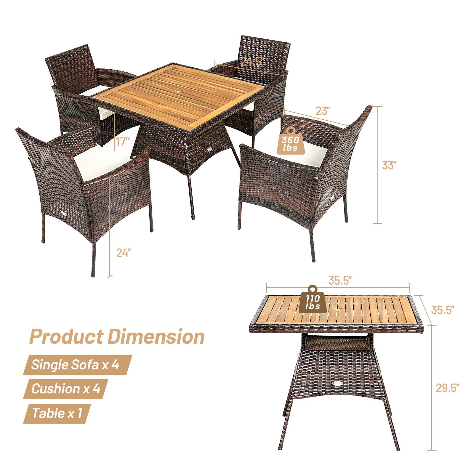 5 Piece Patio Rattan Dining Set, Arm Chair, Wooden Table Top, Brown - Image 6
