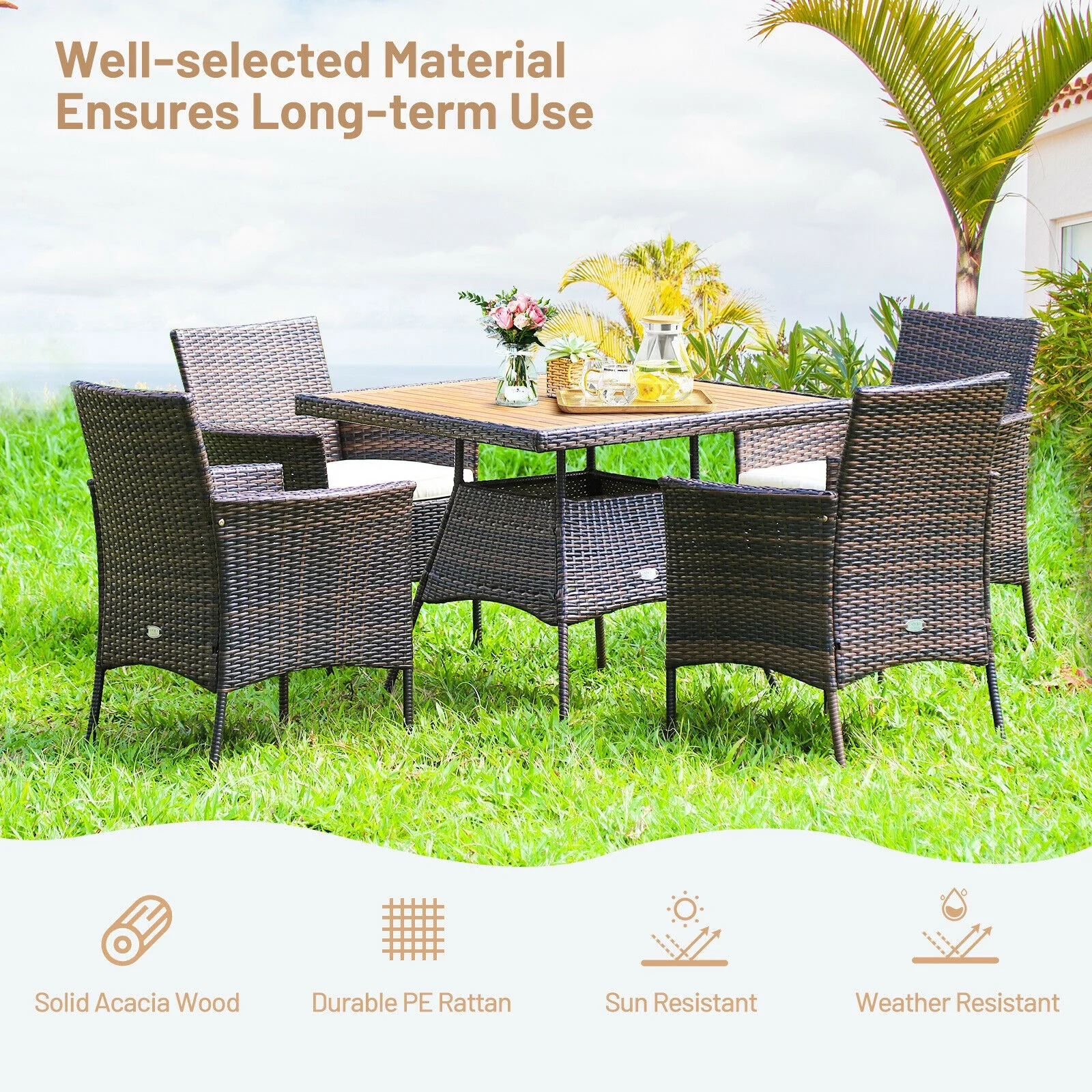 5 Piece Patio Rattan Dining Set, Arm Chair, Wooden Table Top, Brown - Image 7