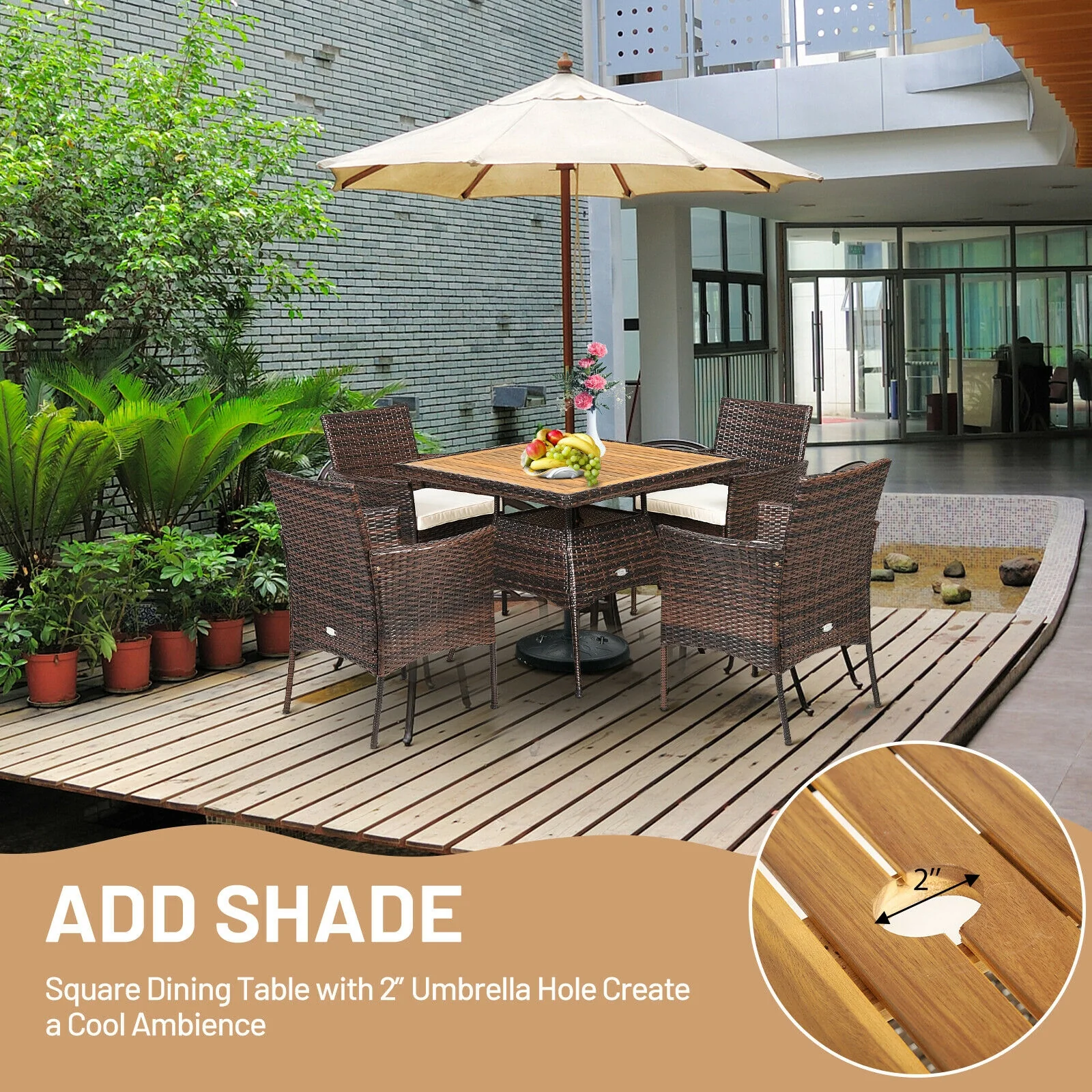 5 Piece Patio Rattan Dining Set, Arm Chair, Wooden Table Top, Brown - Image 8