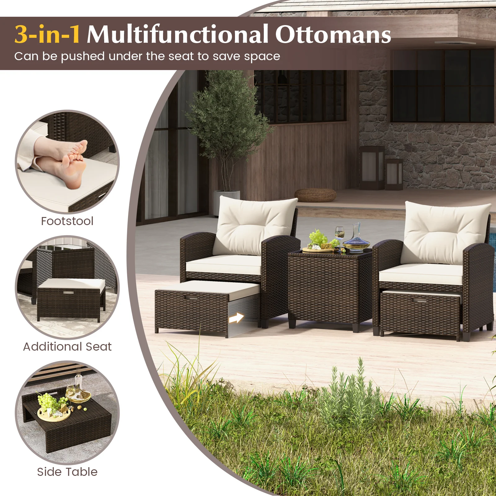 5-Piece Patio Rattan Furniture, 2 Ottomans, Tempered Glass Coffee Table, Beige - Image 10