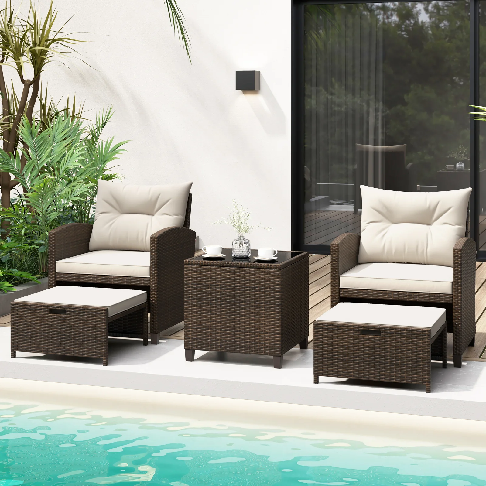 5-Piece Patio Rattan Furniture, 2 Ottomans, Tempered Glass Coffee Table, Beige - Image 2
