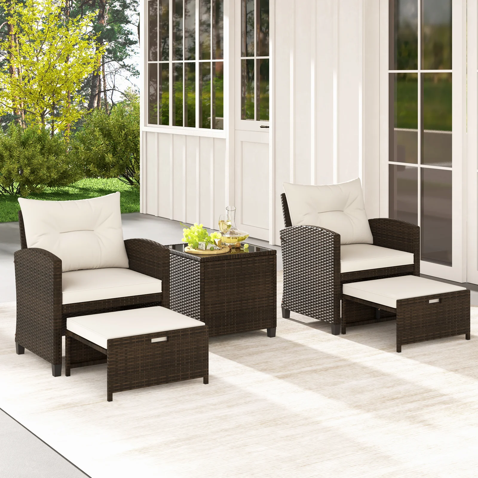 5-Piece Patio Rattan Furniture, 2 Ottomans, Tempered Glass Coffee Table, Beige - Image 3