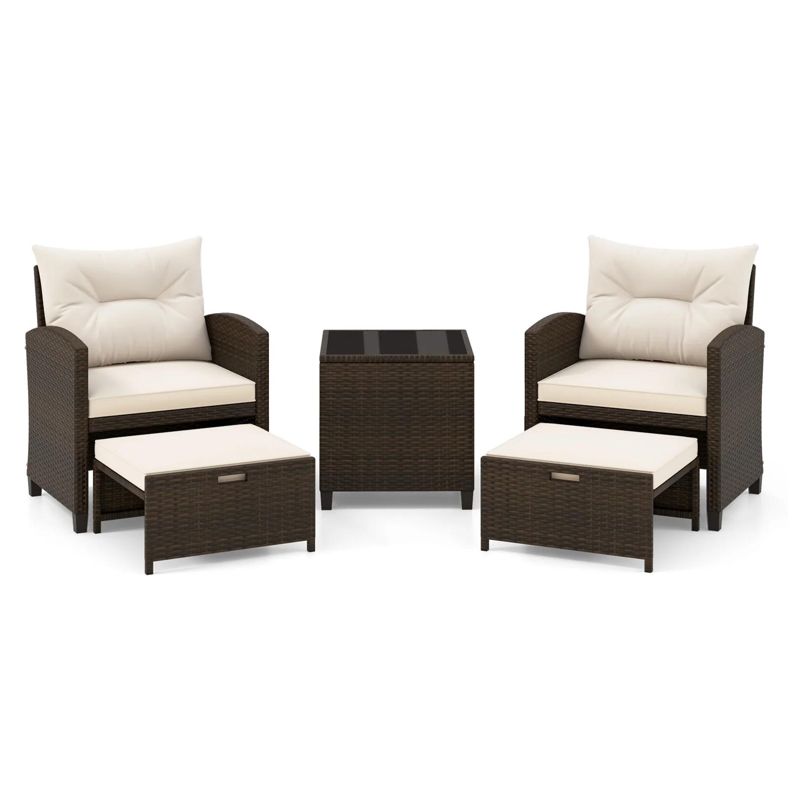 5-Piece Patio Rattan Furniture, 2 Ottomans, Tempered Glass Coffee Table, Beige - Image 4