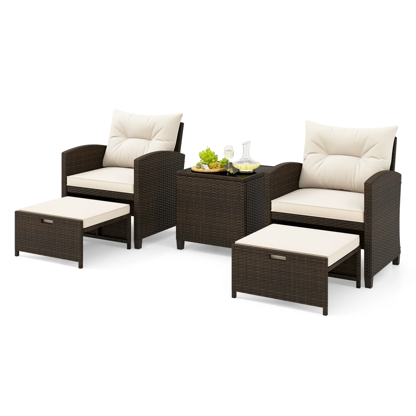 5-Piece Patio Rattan Furniture, 2 Ottomans, Tempered Glass Coffee Table, Beige - Image 5