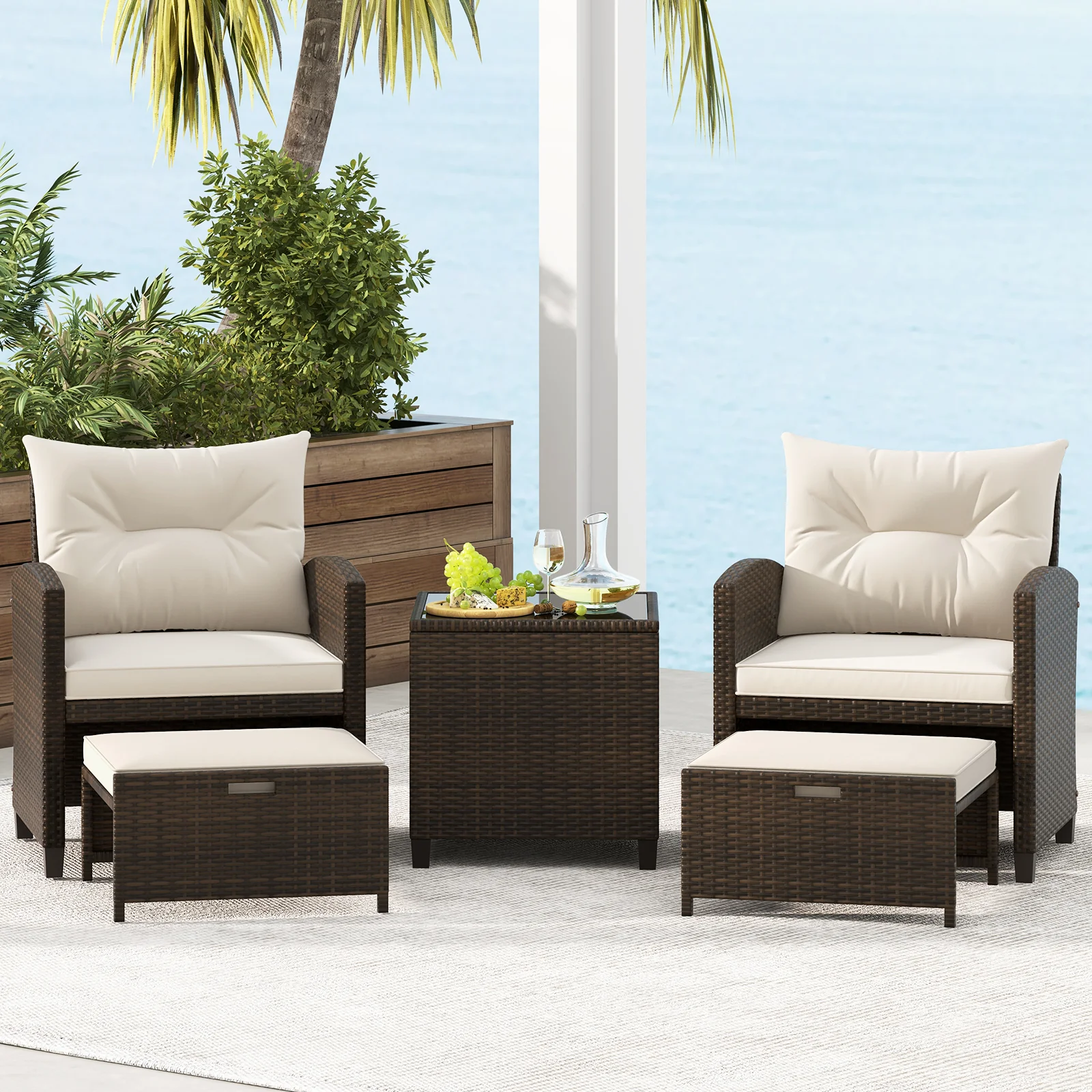 5-Piece Patio Rattan Furniture, 2 Ottomans, Tempered Glass Coffee Table, Beige - Image 7