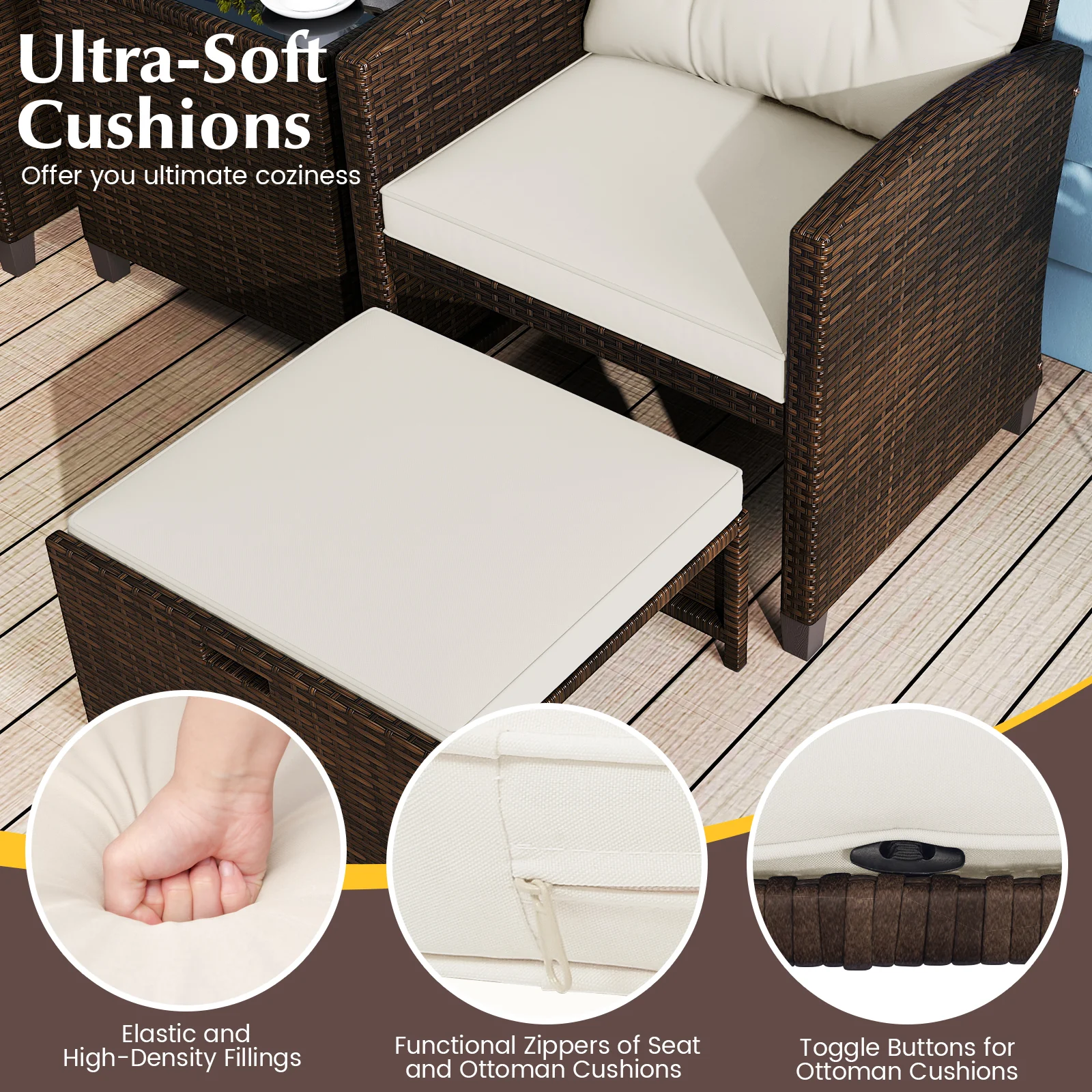 5-Piece Patio Rattan Furniture, 2 Ottomans, Tempered Glass Coffee Table, Beige - Image 8