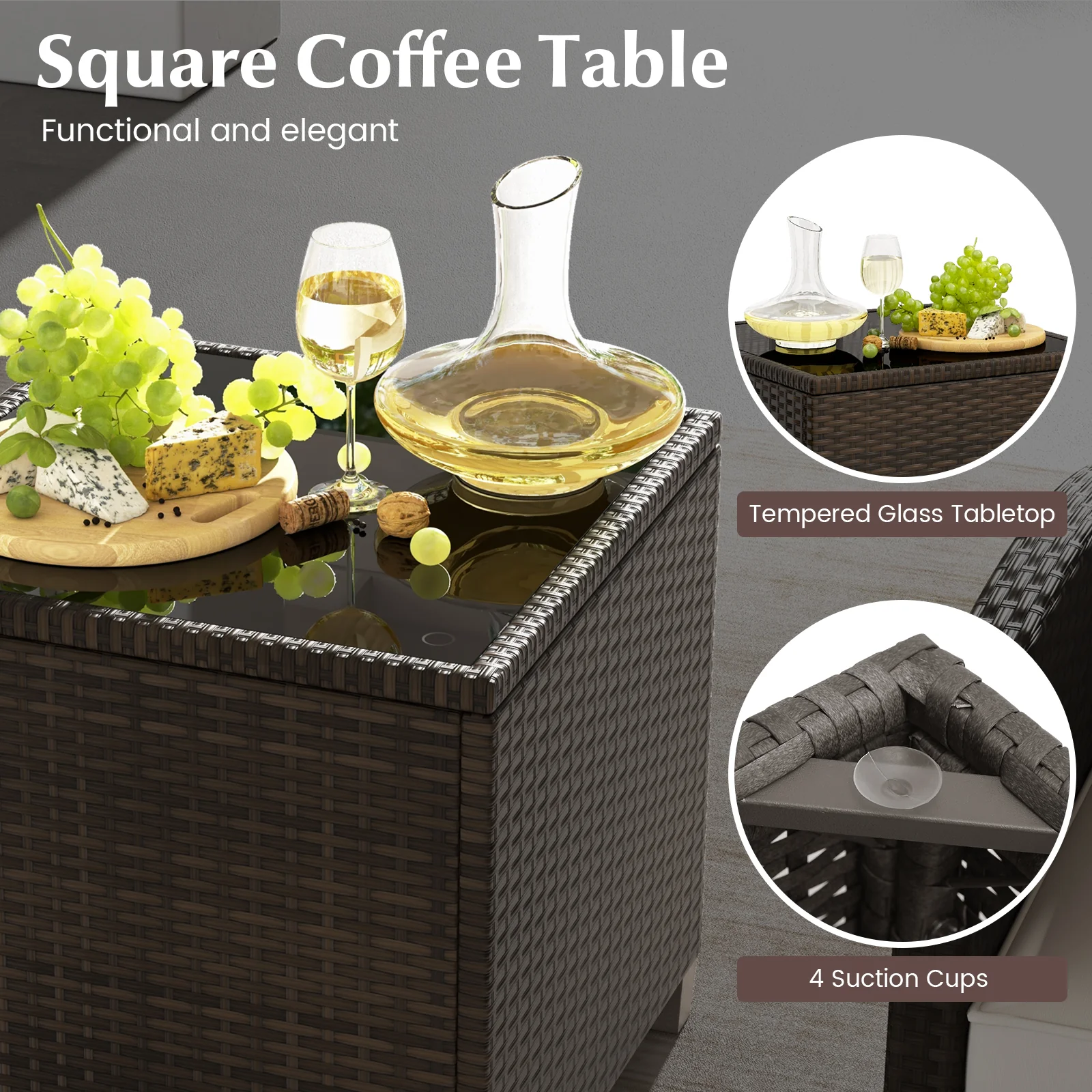 5-Piece Patio Rattan Furniture, 2 Ottomans, Tempered Glass Coffee Table, Beige - Image 9