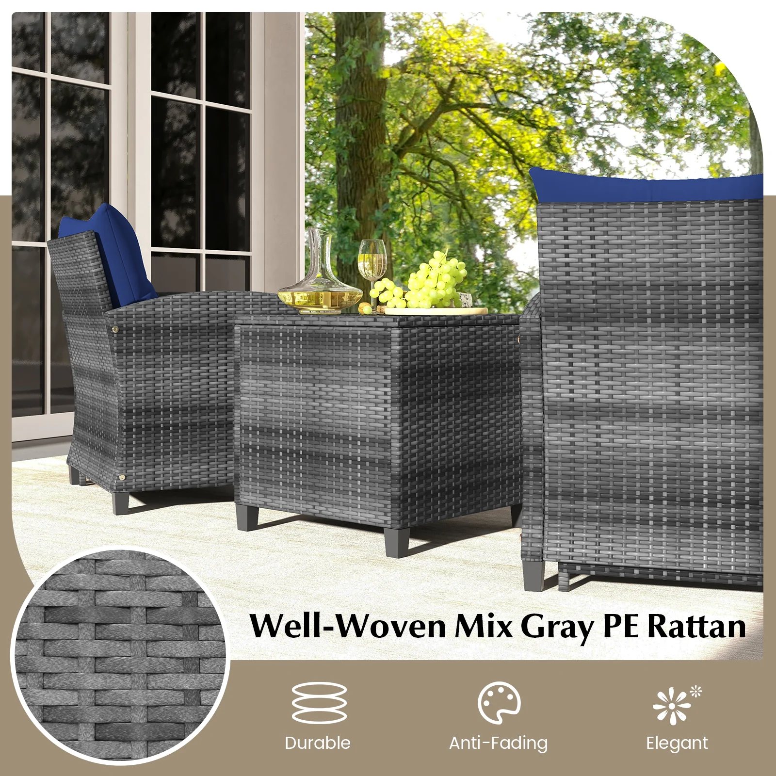 5 Piece Patio Rattan Furniture, 2 Ottomans, Tempered Glass Coffee Table, Navy - Image 10