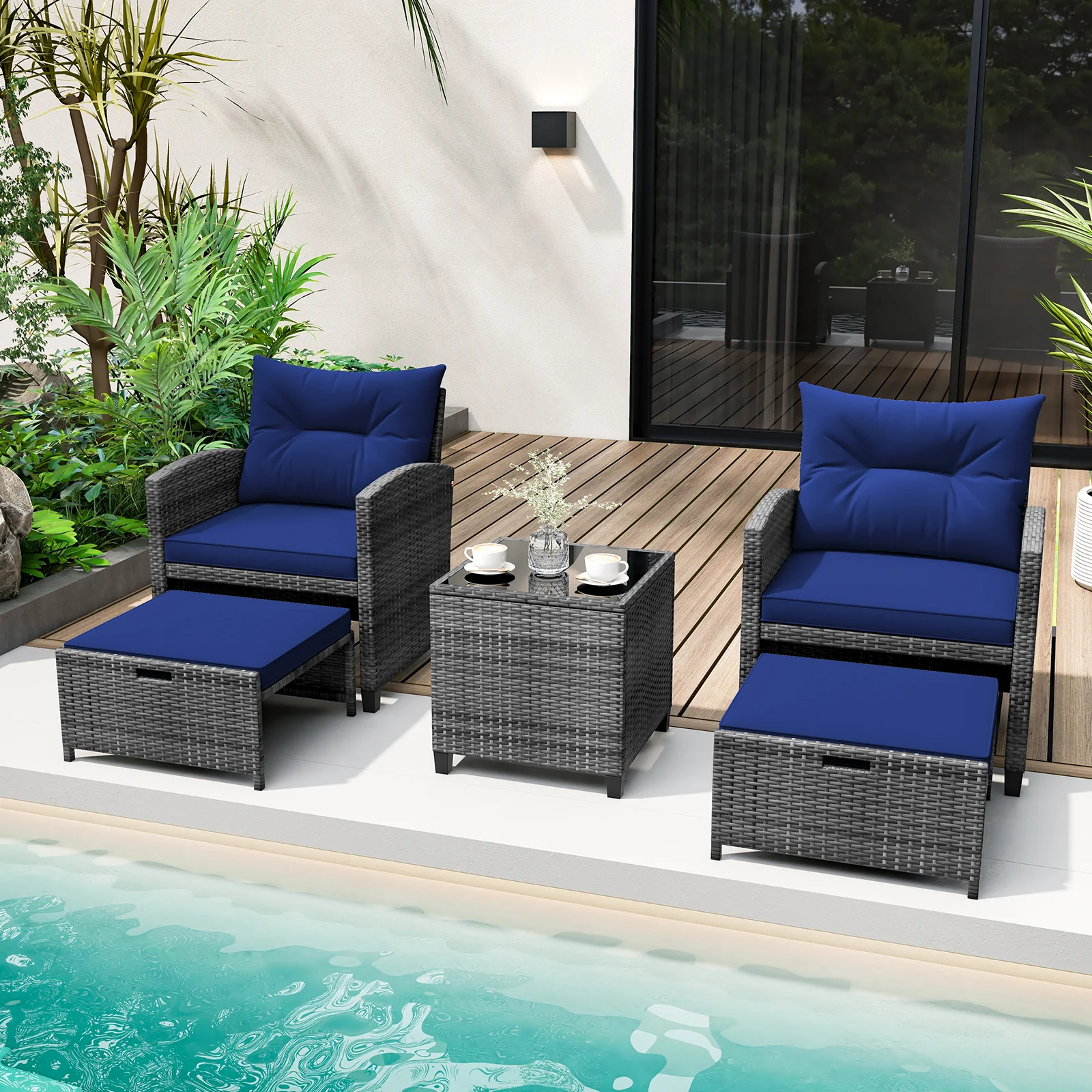 5 Piece Patio Rattan Furniture, 2 Ottomans, Tempered Glass Coffee Table, Navy - Image 2