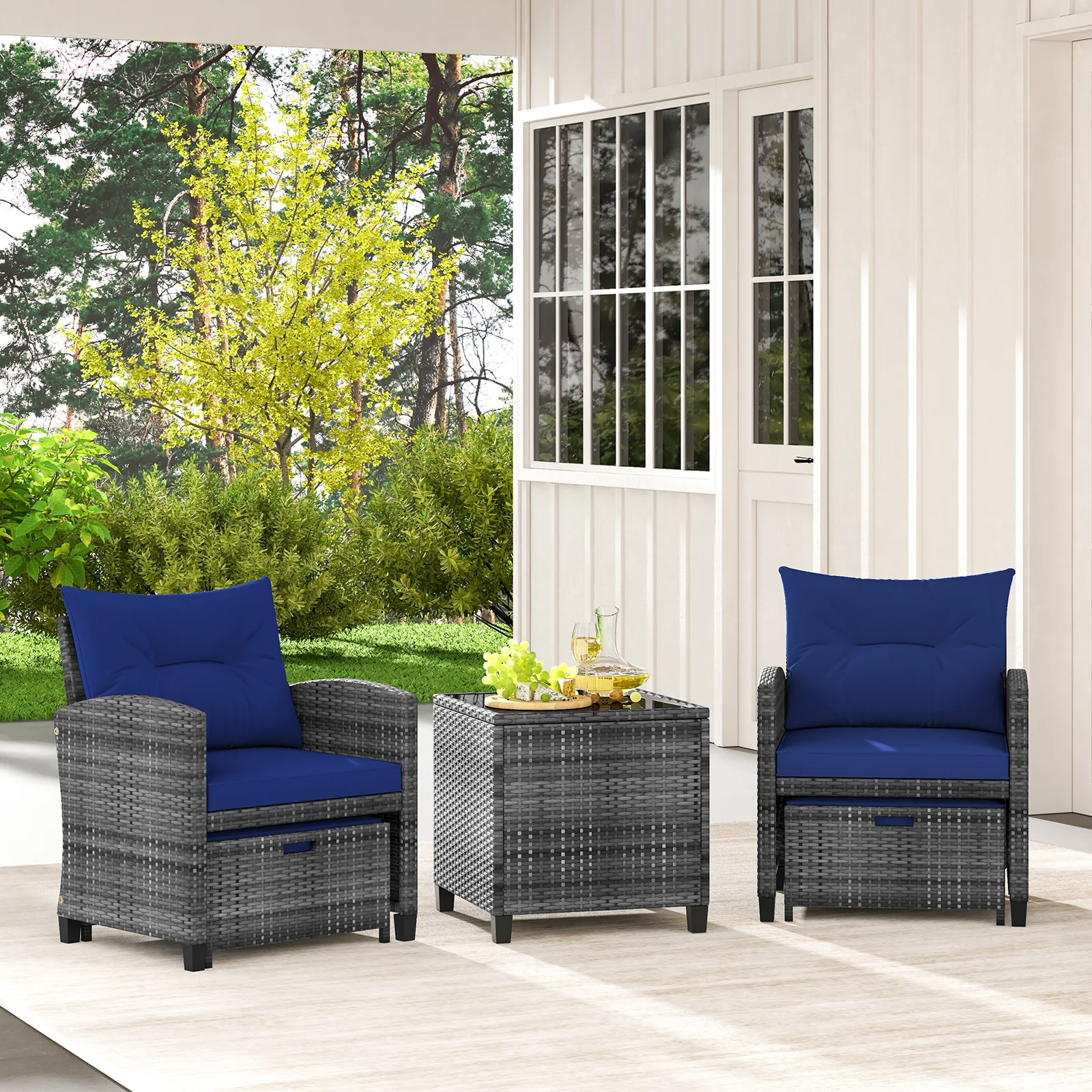 5 Piece Patio Rattan Furniture, 2 Ottomans, Tempered Glass Coffee Table, Navy - Image 3