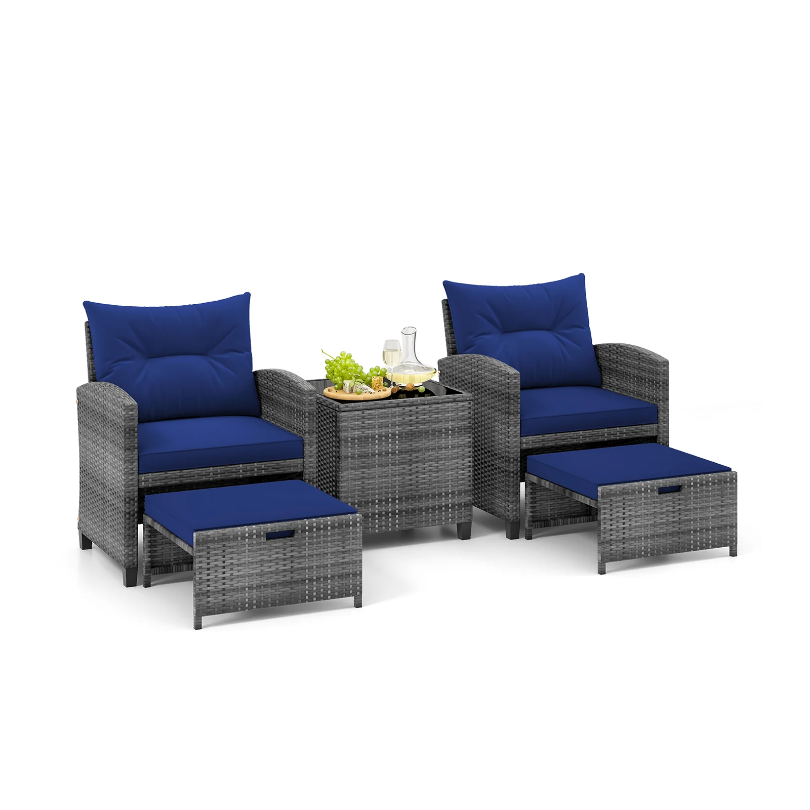 5 Piece Patio Rattan Furniture, 2 Ottomans, Tempered Glass Coffee Table, Navy - Image 4